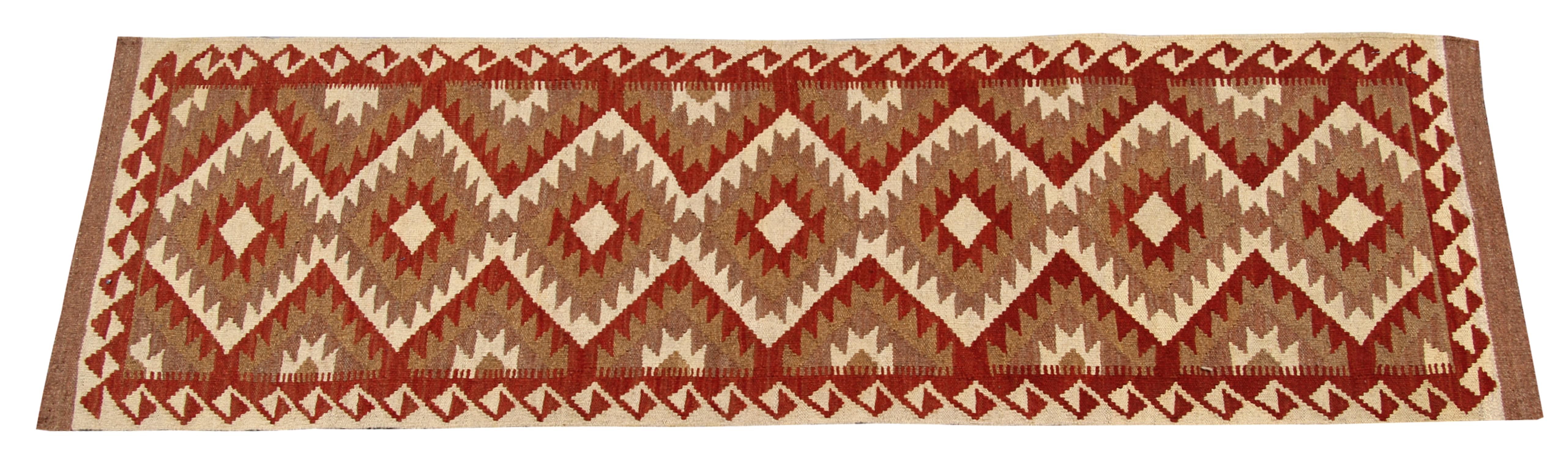 Afghan Tapis de couloir Kilim oriental vintage en laine rouge géométrique fait à la main en vente