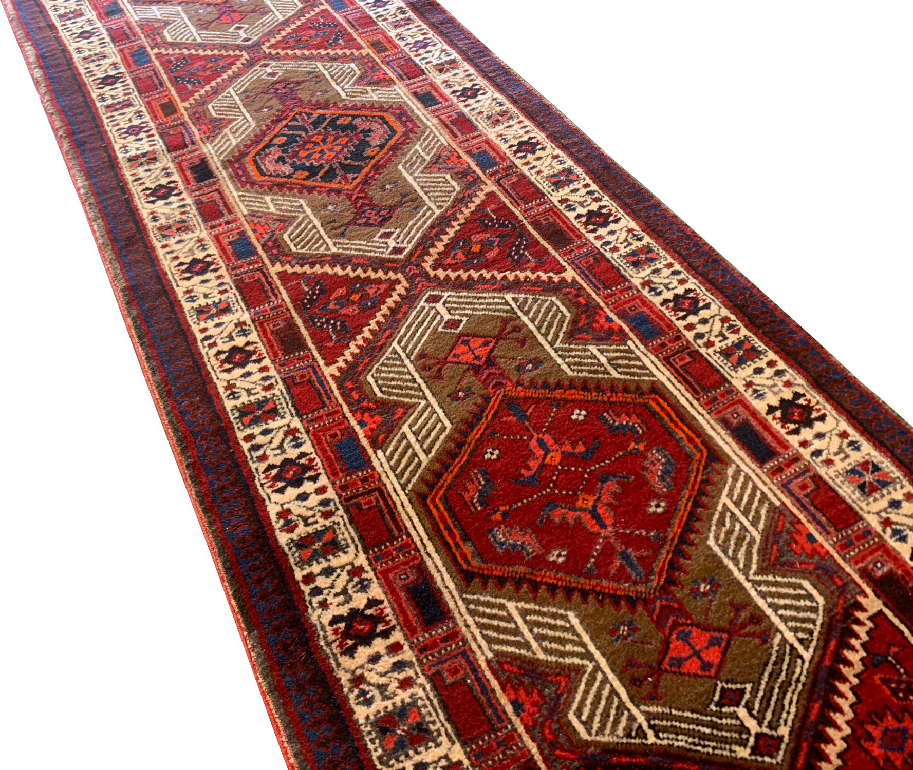 Rustic Handmade Runner Rug Geometric Oriental Red Wool Carpet For Sale