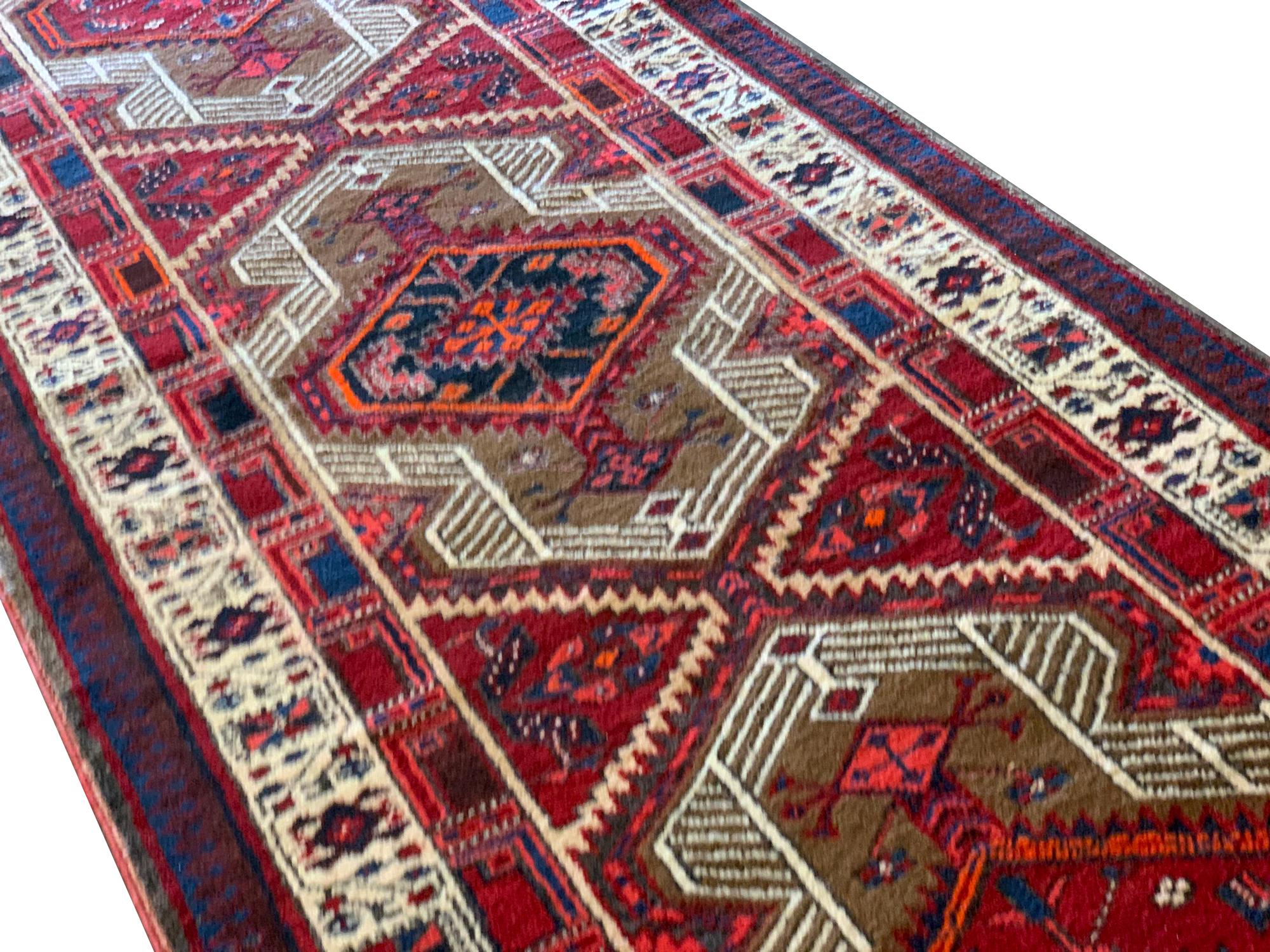 Afghan Handmade Runner Rug Geometric Oriental Red Wool Carpet For Sale