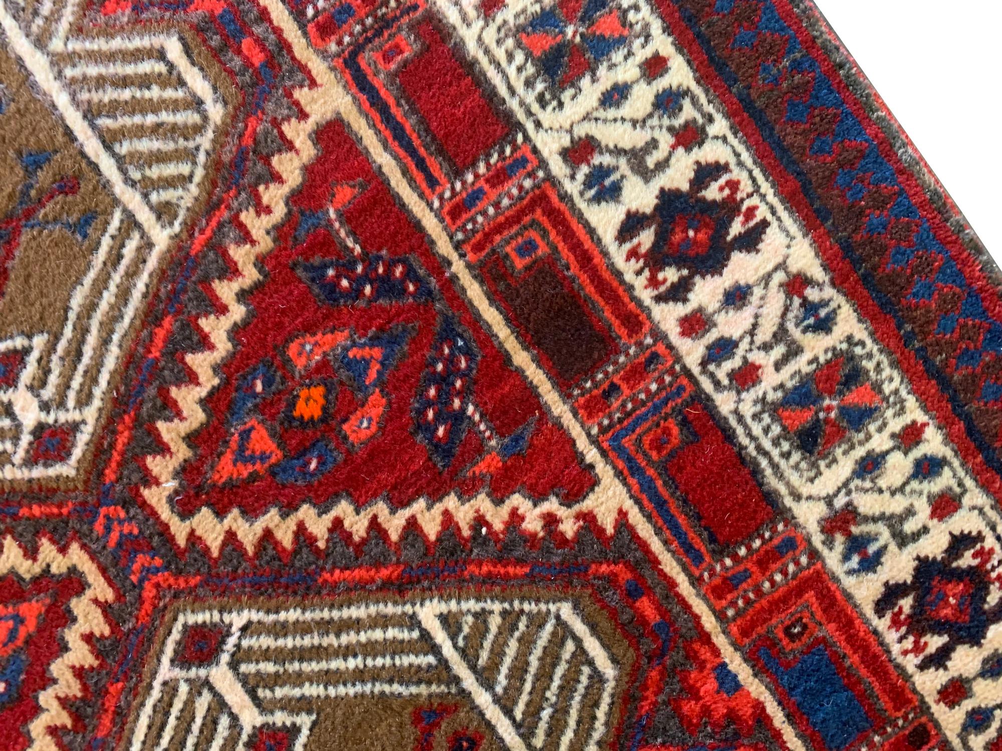 Mid-20th Century Handmade Runner Rug Geometric Oriental Red Wool Carpet For Sale