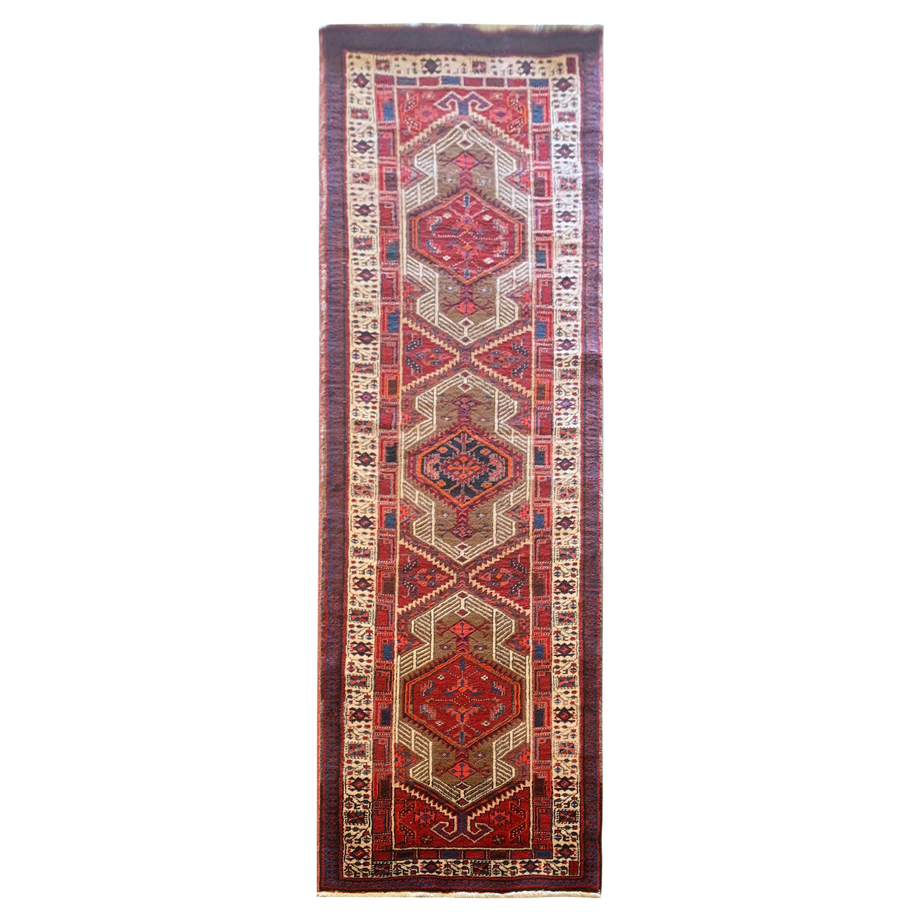 Handmade Runner Rug Geometric Oriental Red Wool Carpet For Sale