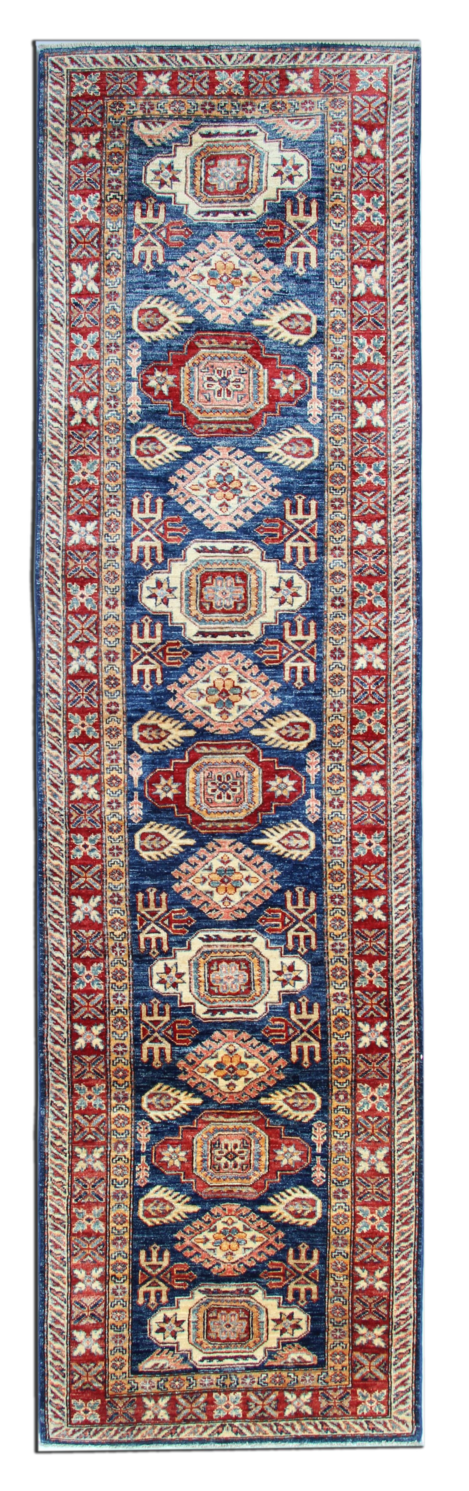 This handmade carpet runner's new traditional handwoven Kazak rug comes in a striking colour combination. This Blue rug has cream, red and caramel accent colours woven through both the centre and border. The pattern depicted on this hand-woven