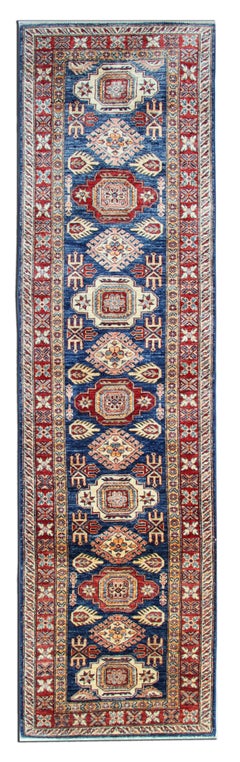 Handmade Runner Rug Traditional Kazak Carpet Rug Blue Geometric Runner