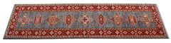 Handmade Runner Rug Traditional Kazak Carpet Rug Blue Geometric Runner