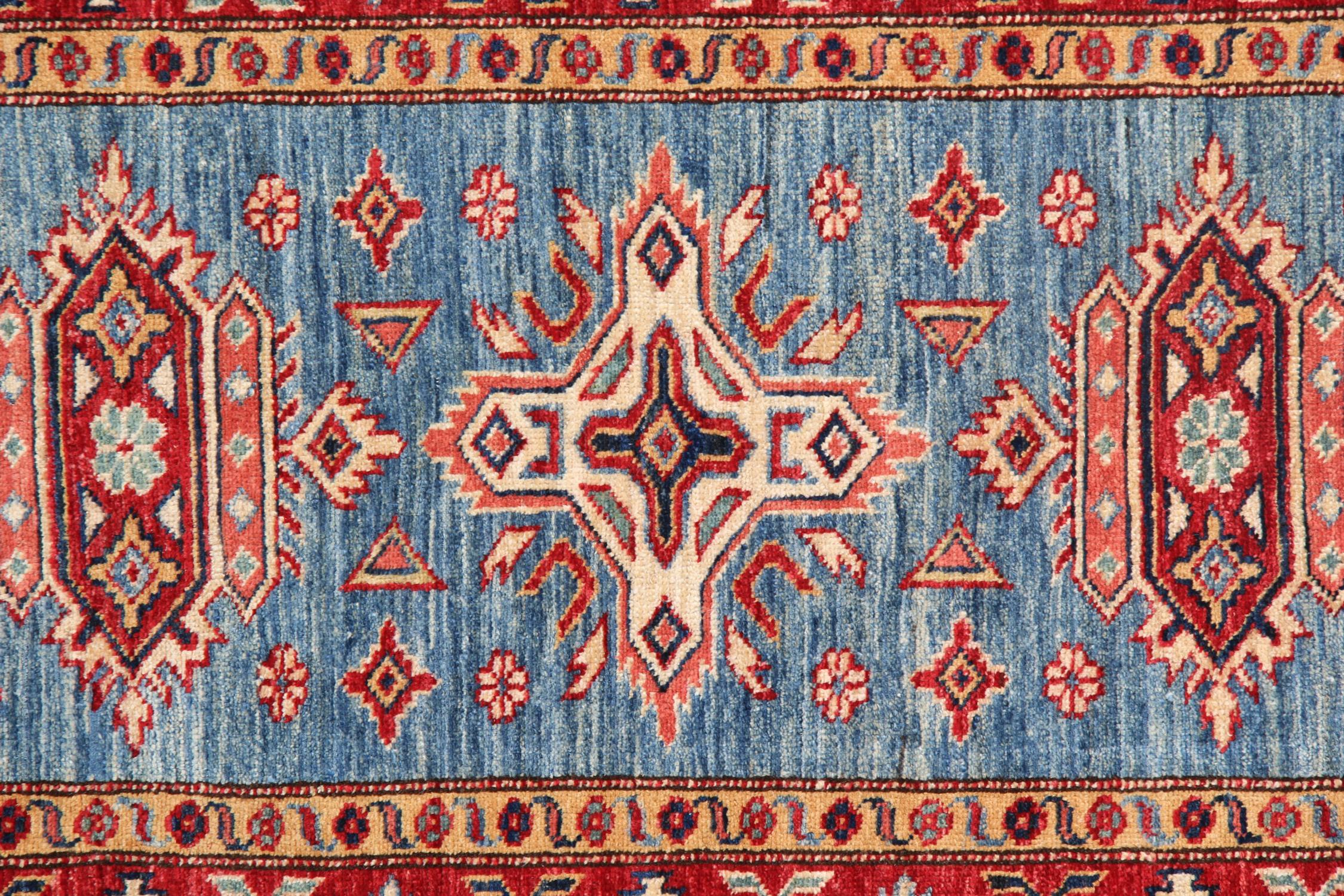 Afghan Handmade Runner Rug Traditional Kazak Carpet Rug Blue Geometric Runner For Sale