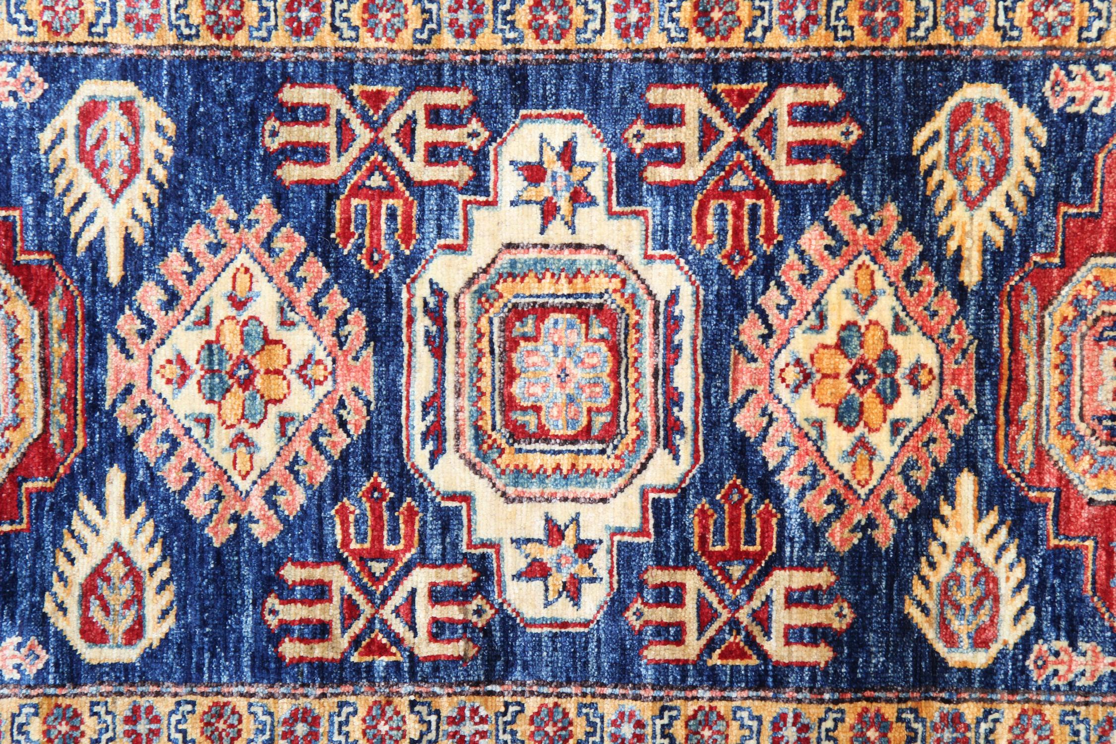 Woven Handmade Runner Rug Traditional Kazak Carpet Rug Blue Geometric Runner For Sale