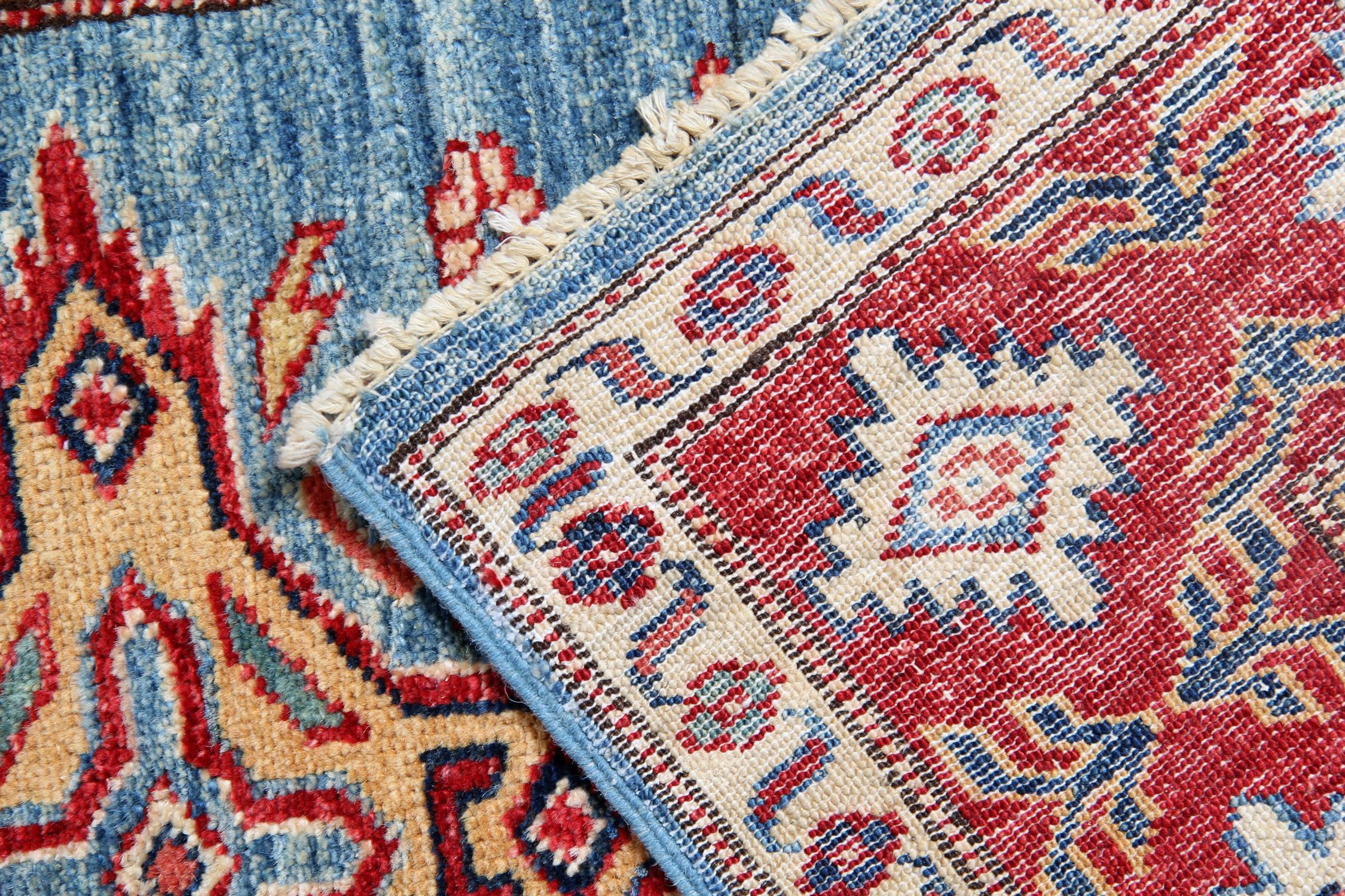Vegetable Dyed Handmade Runner Rug Traditional Kazak Carpet Rug Blue Geometric Runner For Sale