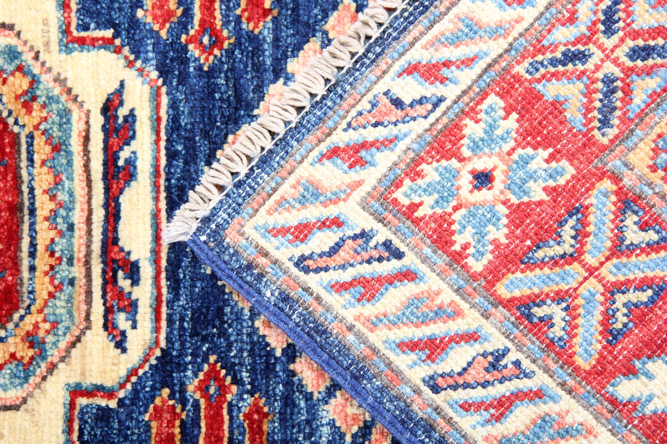 Handmade Runner Rug Traditional Kazak Carpet Rug Blue Geometric Runner In Excellent Condition For Sale In Hampshire, GB