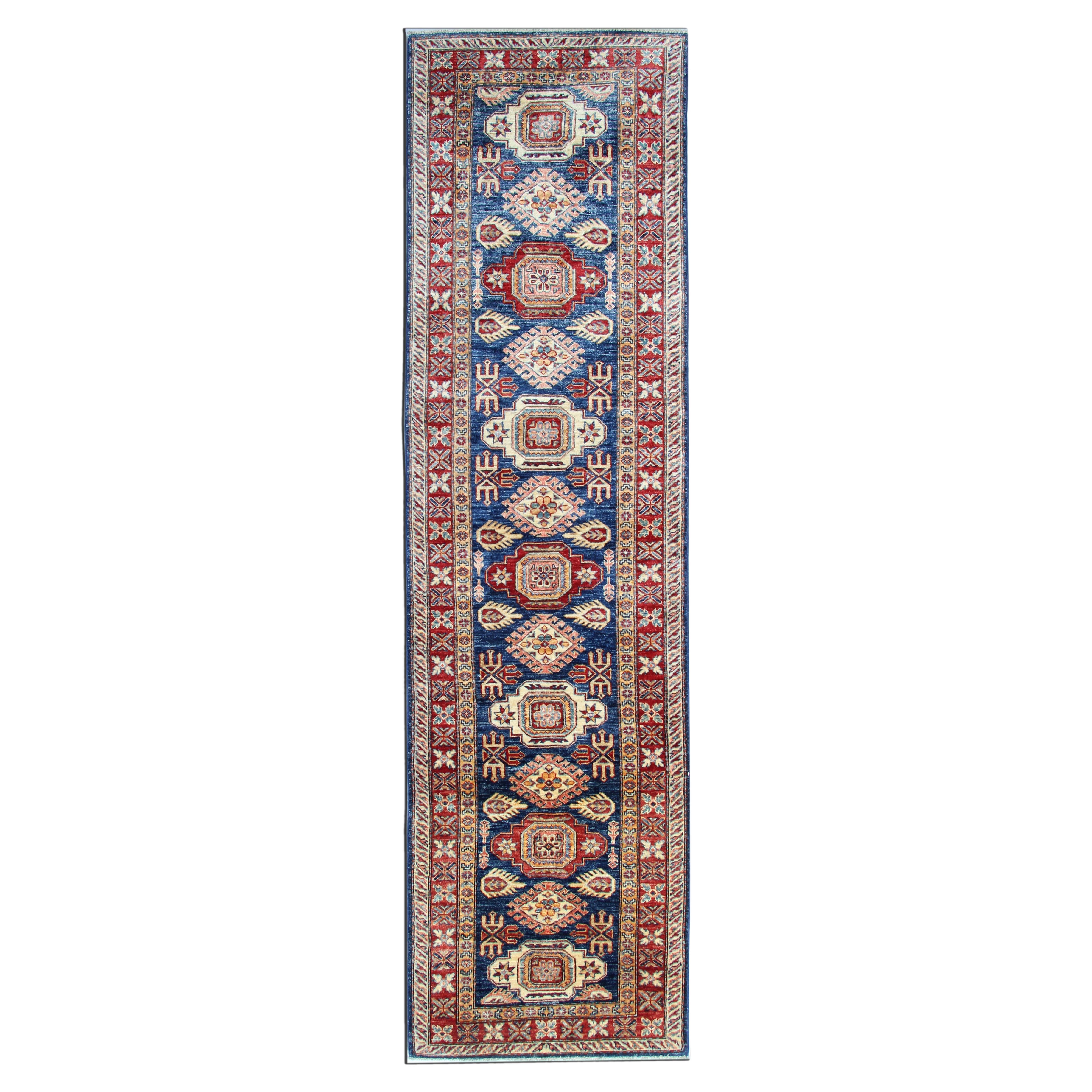 Handmade Runner Rug Traditional Kazak Carpet Rug Blue Geometric Runner For Sale