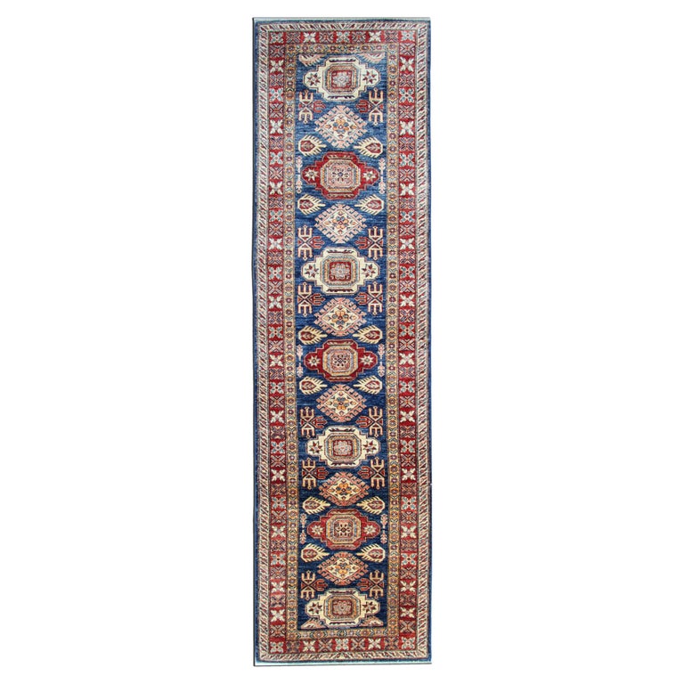 Handmade Runner Rug Traditional Kazak Carpet Rug Blue Geometric Runner ...