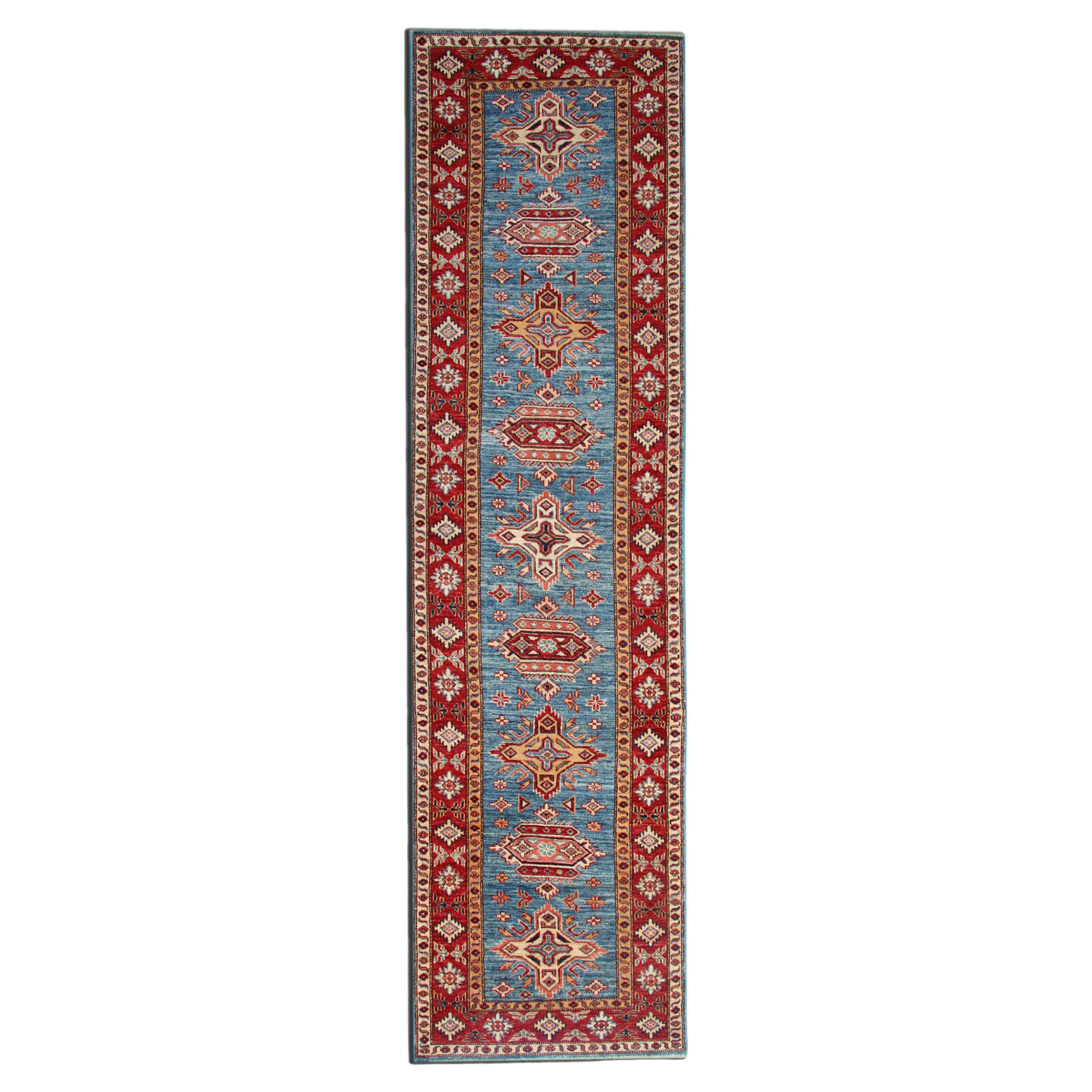 Handmade Runner Rug Traditional Kazak Carpet Rug Blue Geometric Runner For Sale