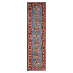 Vintage Handmade Runner Rug Traditional Kazak Carpet Rug Blue Geometric Runner