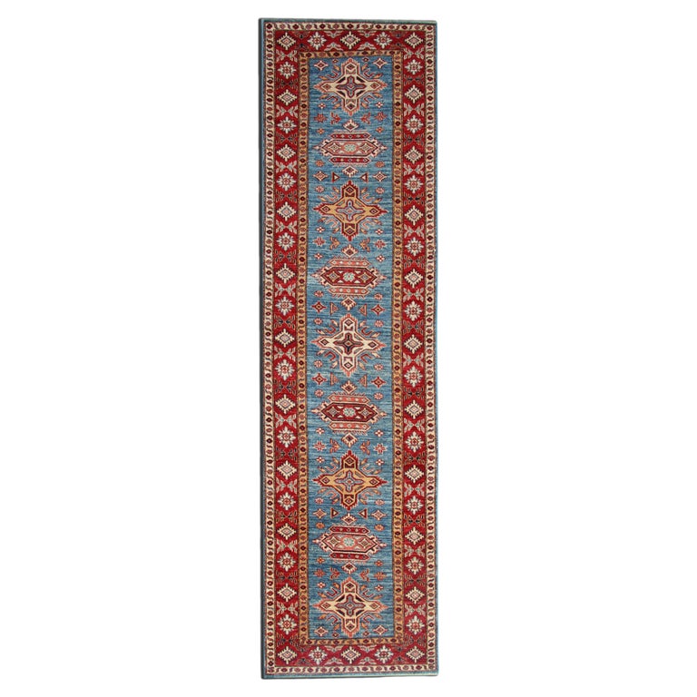 Handmade Runner Rug Traditional Kazak Carpet Rug Blue Geometric Runner ...