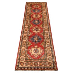 Tapis de couloir traditionnel Kazak rouge tapisserie géométrique faite à la main