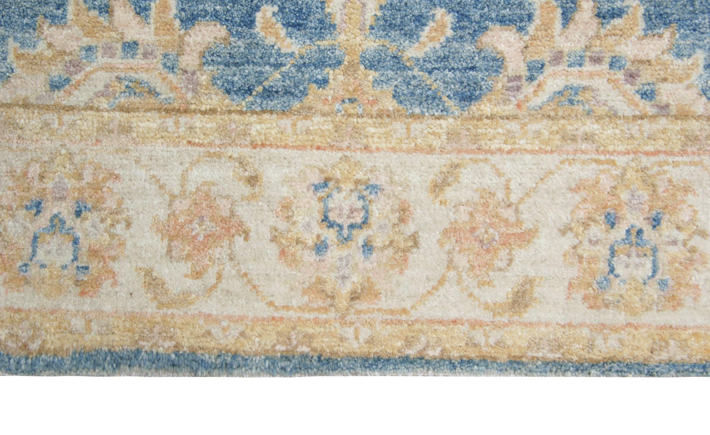 Hand-Knotted Handmade Runner Rugs, Sky Blue Ziegler Style Blue Carpet Runners For Sale