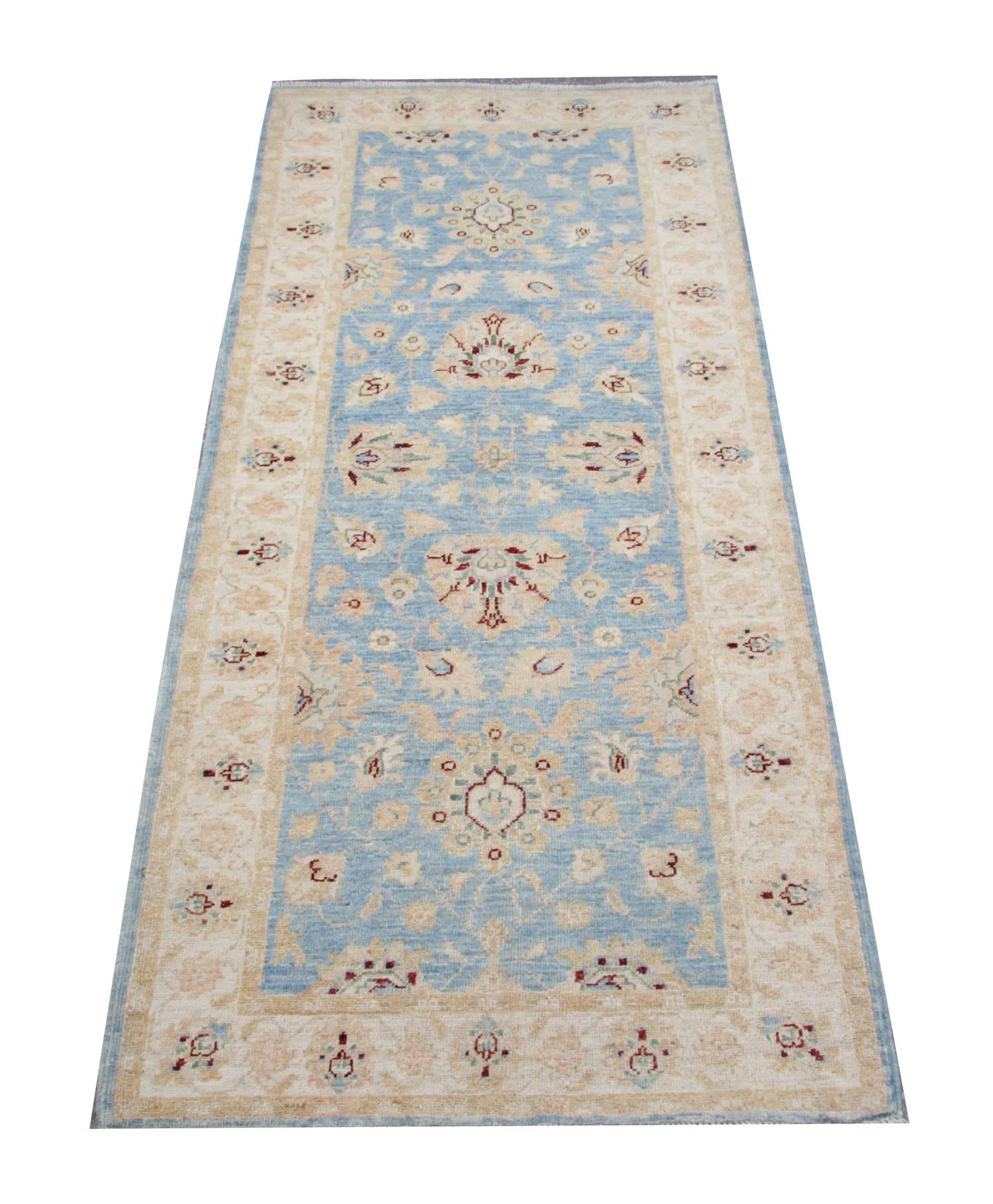 These kinds of rugs and runners are in the same style as the Ziegler Sultanabad runner made on our own looms by our master weavers in Afghanistan; this blue rug runner is made with all-natural vegetable dyes all handmade wool rugs. The large-scale