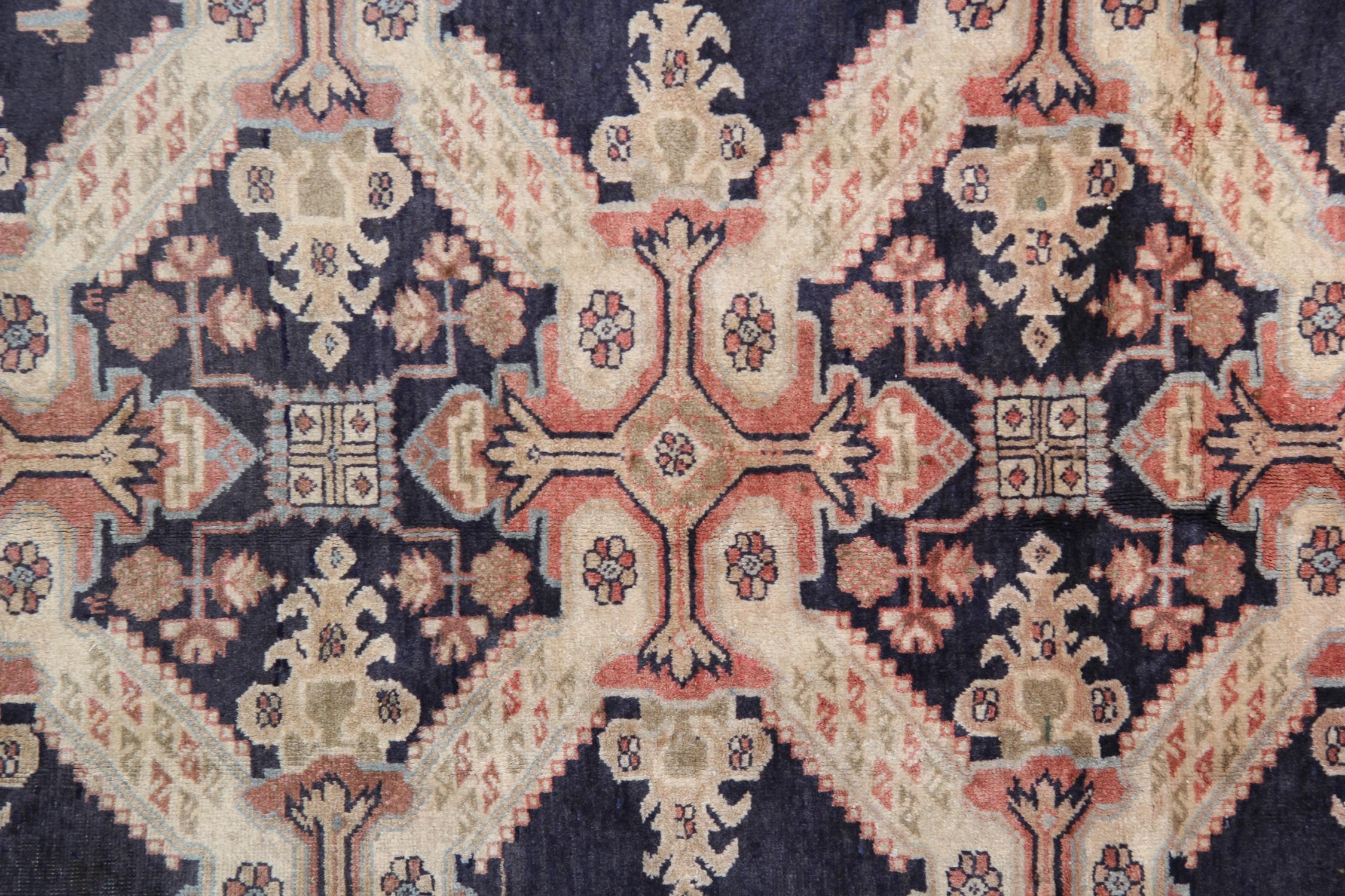 Tribal Rust Blue Runner Rug Long Handmade Traditional Oriental Wool Carpet For Sale