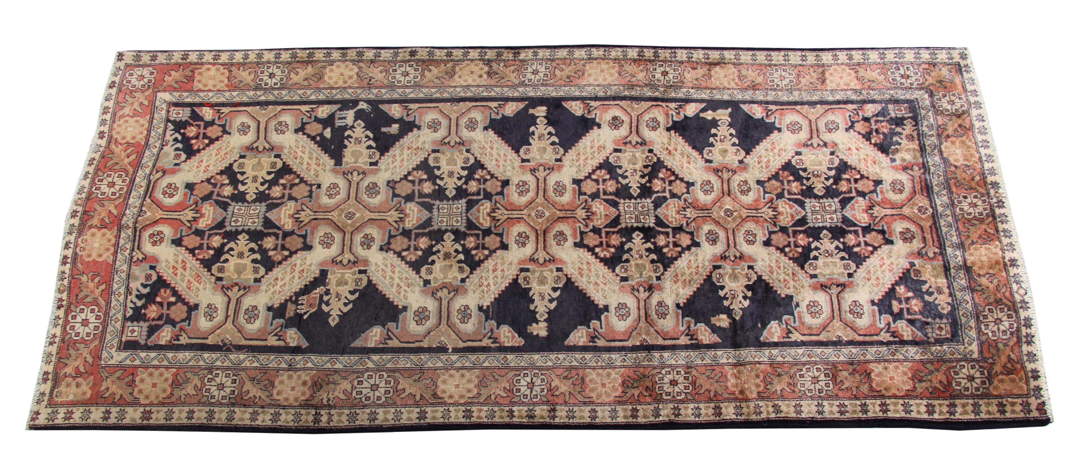 Azerbaijani Rust Blue Runner Rug Long Handmade Traditional Oriental Wool Carpet For Sale