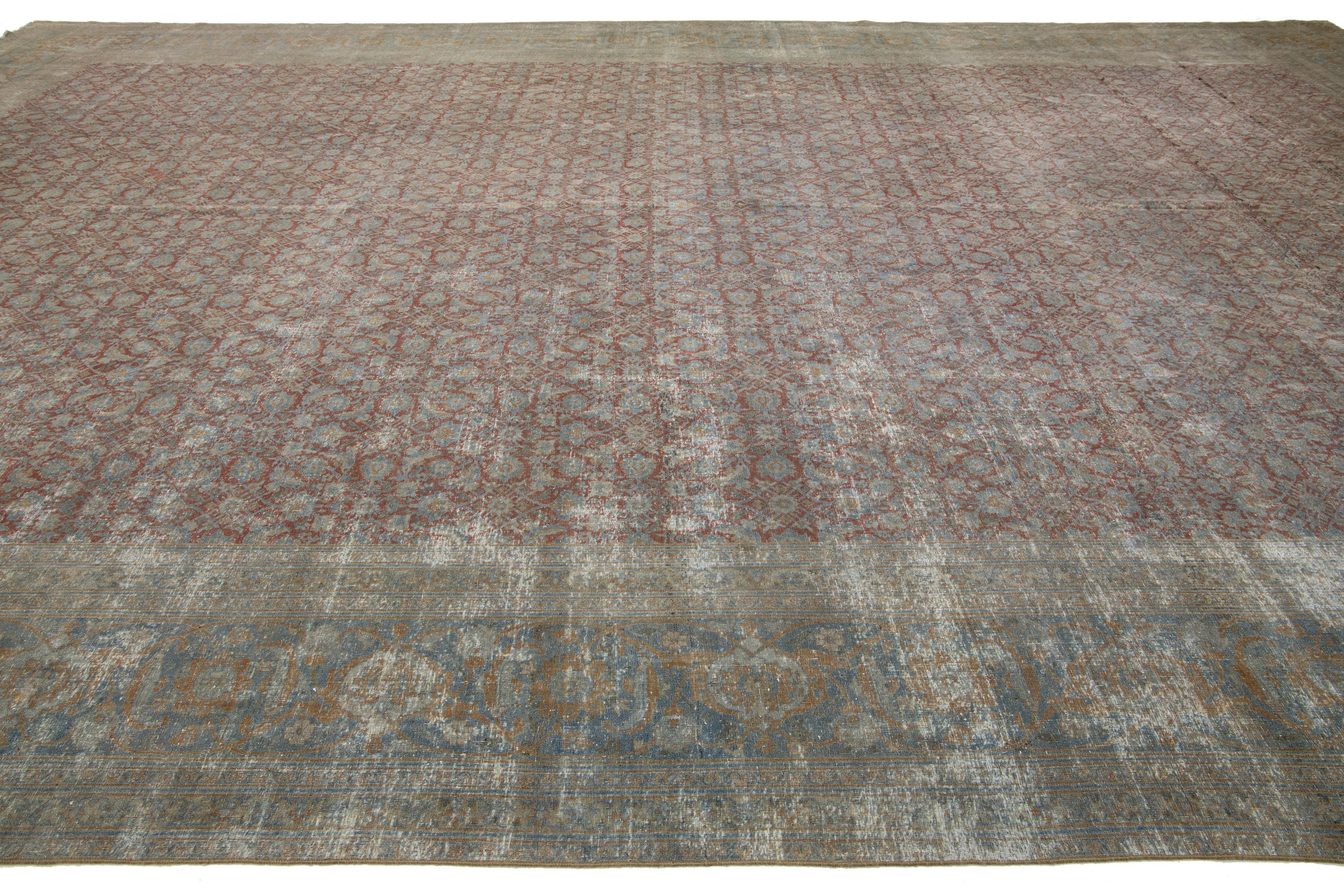 20th Century Handmade Rust Wool Rug Antique Persian Tabriz With Allover Motif  For Sale