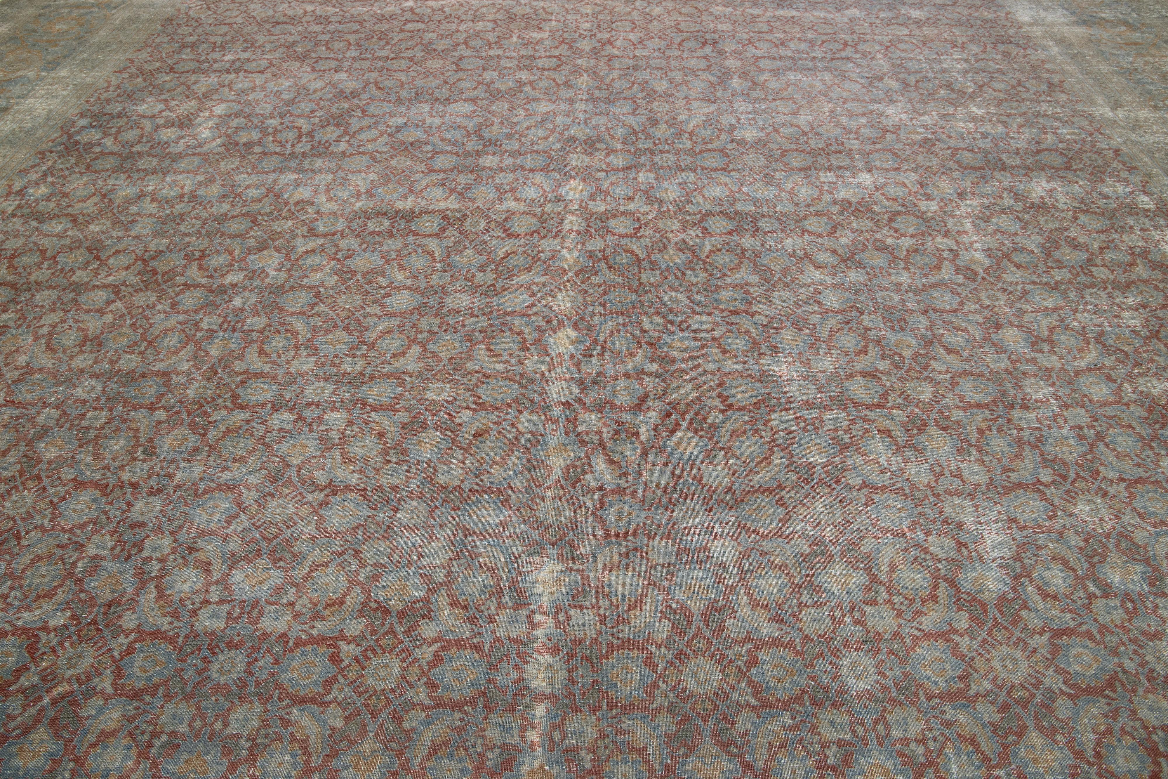 Handmade Rust Wool Rug Antique Persian Tabriz With Allover Motif  For Sale 2