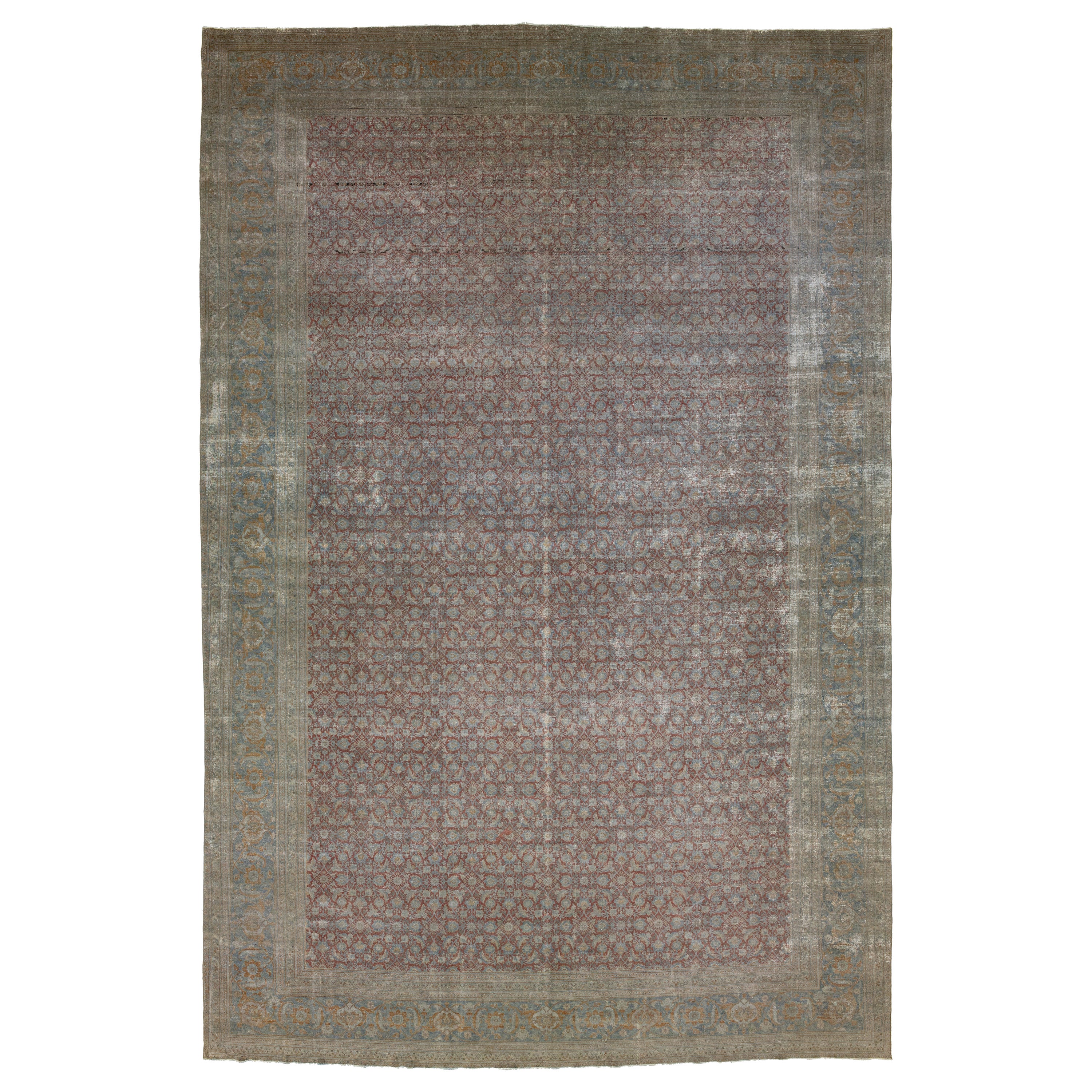 Handmade Rust Wool Rug Antique Persian Tabriz With Allover Motif