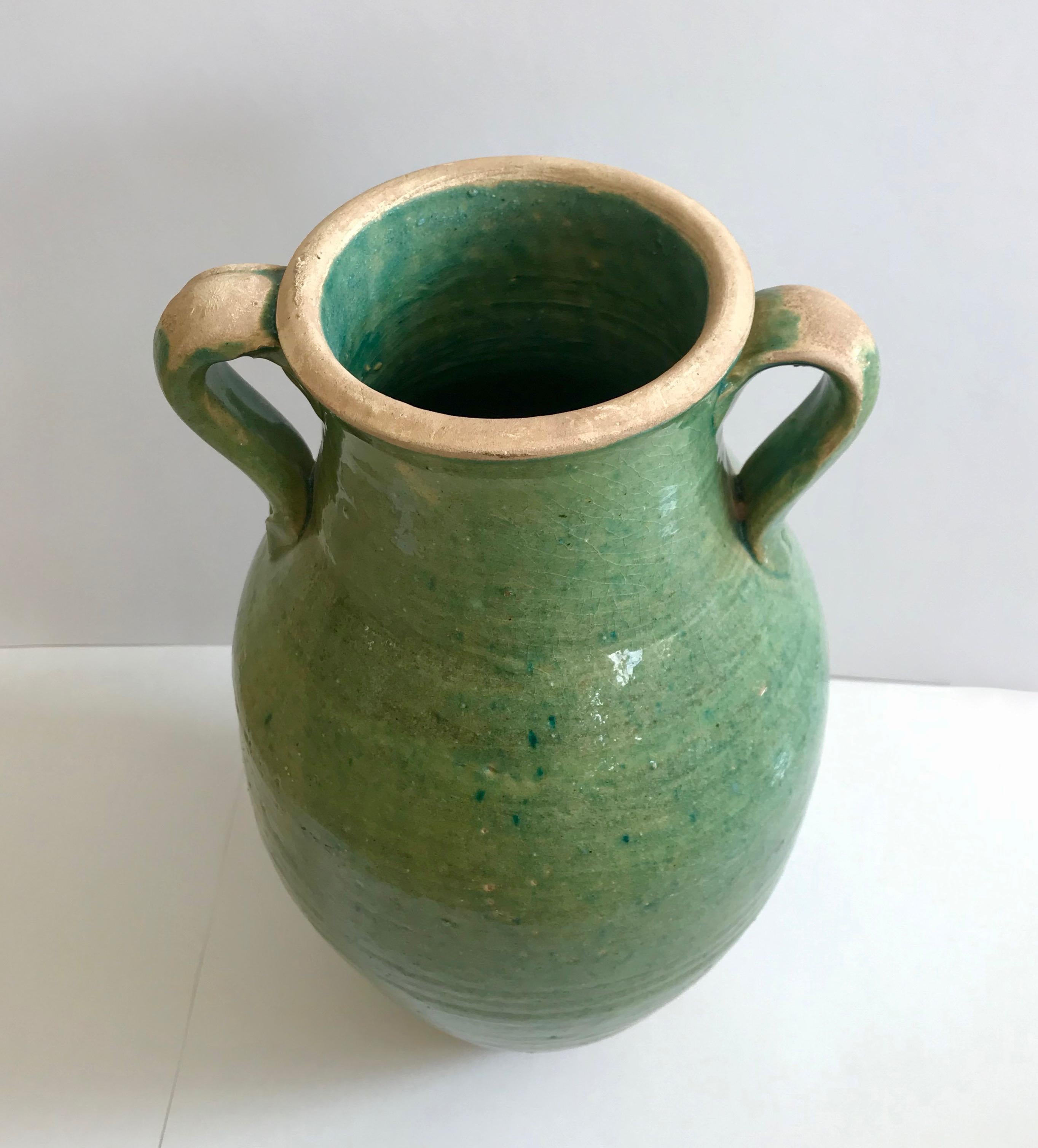 Hand-Crafted Handmade Rustic Farmhouse Blue-Green Glazed Terracotta Clay Pot Jar For Sale