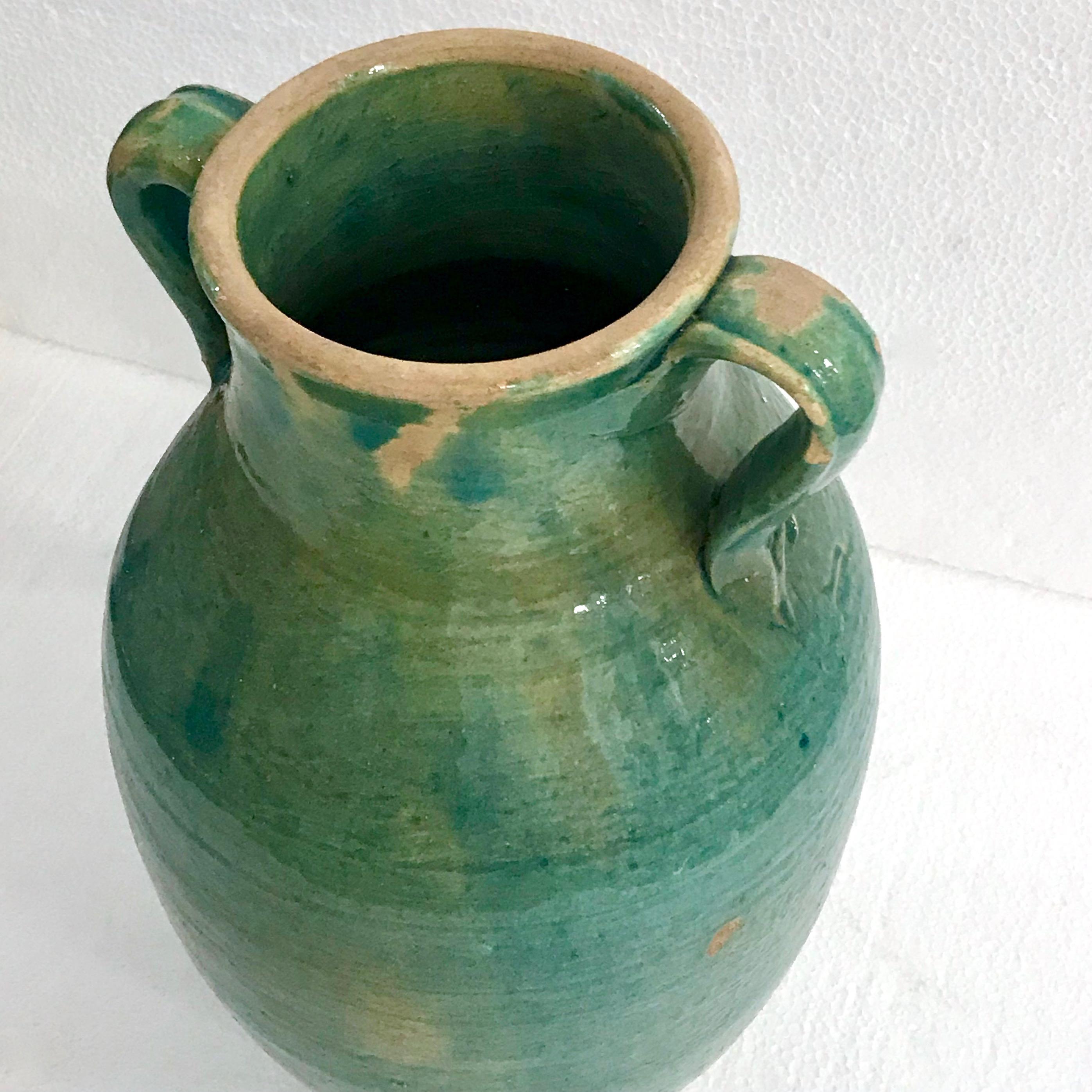 Handmade Rustic Farmhouse Blue-Green Glazed Terracotta Clay Pot Jar with Handles In Good Condition In London, GB