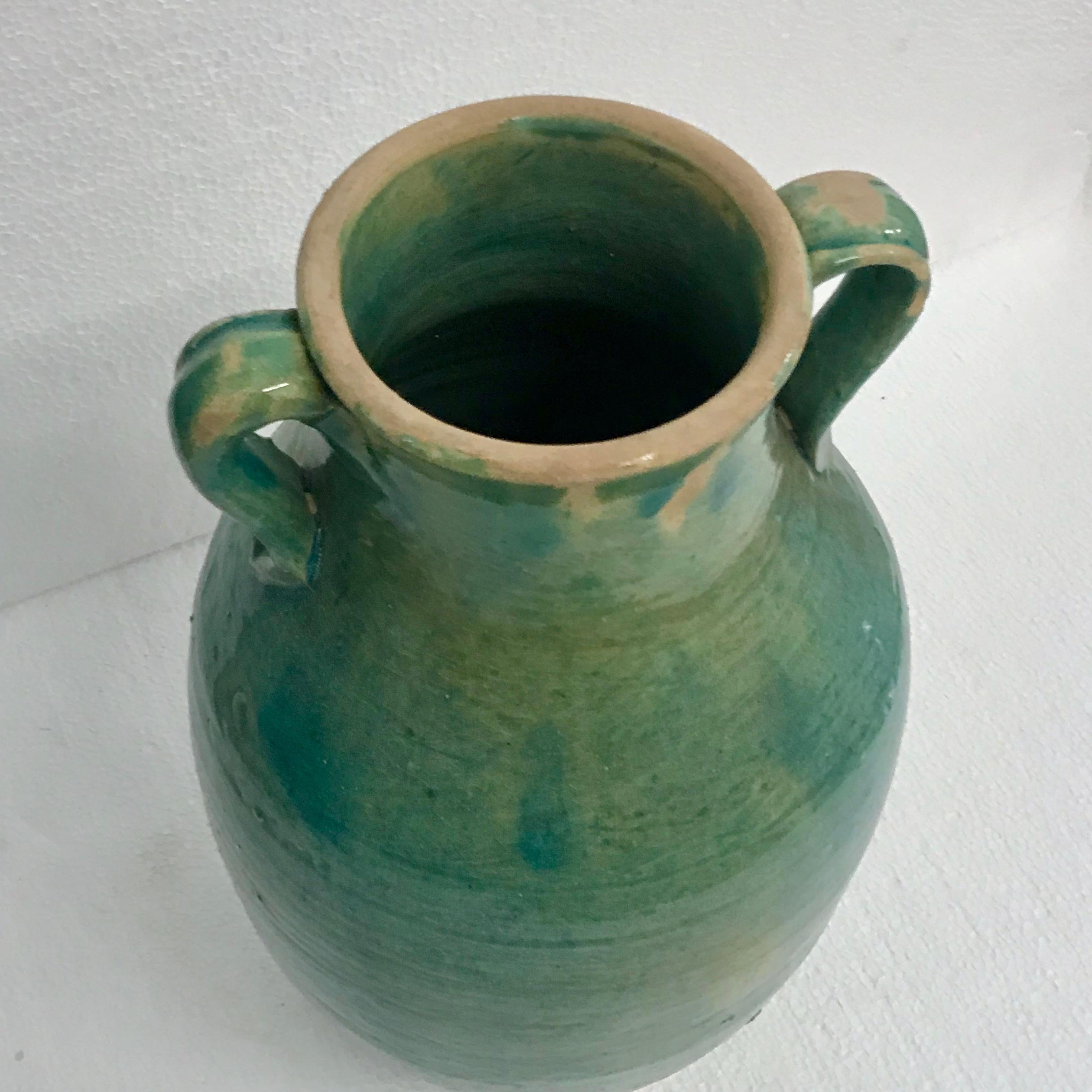 Contemporary Handmade Rustic Farmhouse Blue-Green Glazed Terracotta Clay Pot Jar with Handles