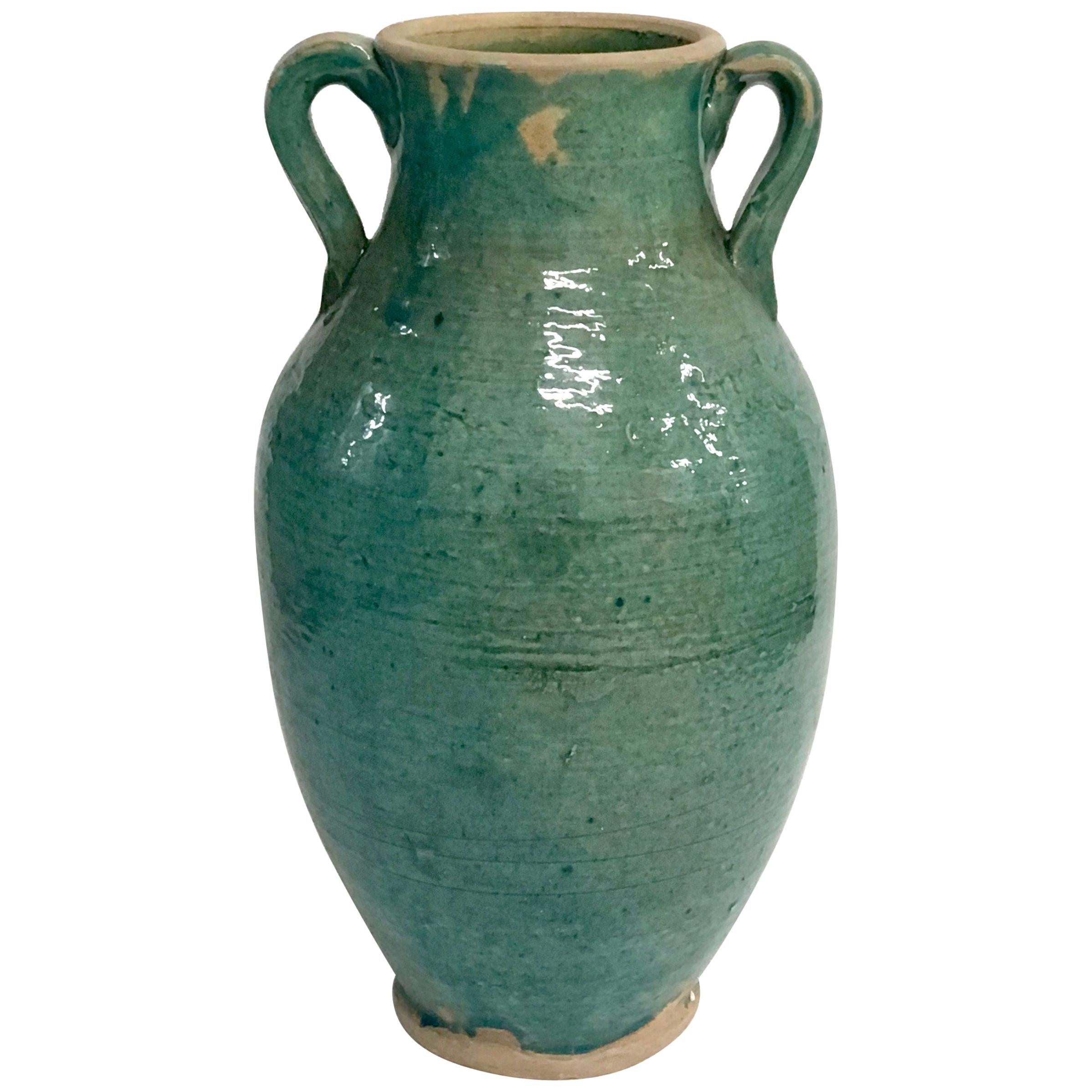 Handmade Rustic Farmhouse Blue-Green Glazed Terracotta Clay Pot Jar with Handles