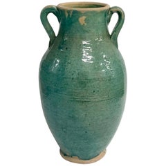 Handmade Rustic Farmhouse Blue-Green Glazed Terracotta Clay Pot Jar with Handles