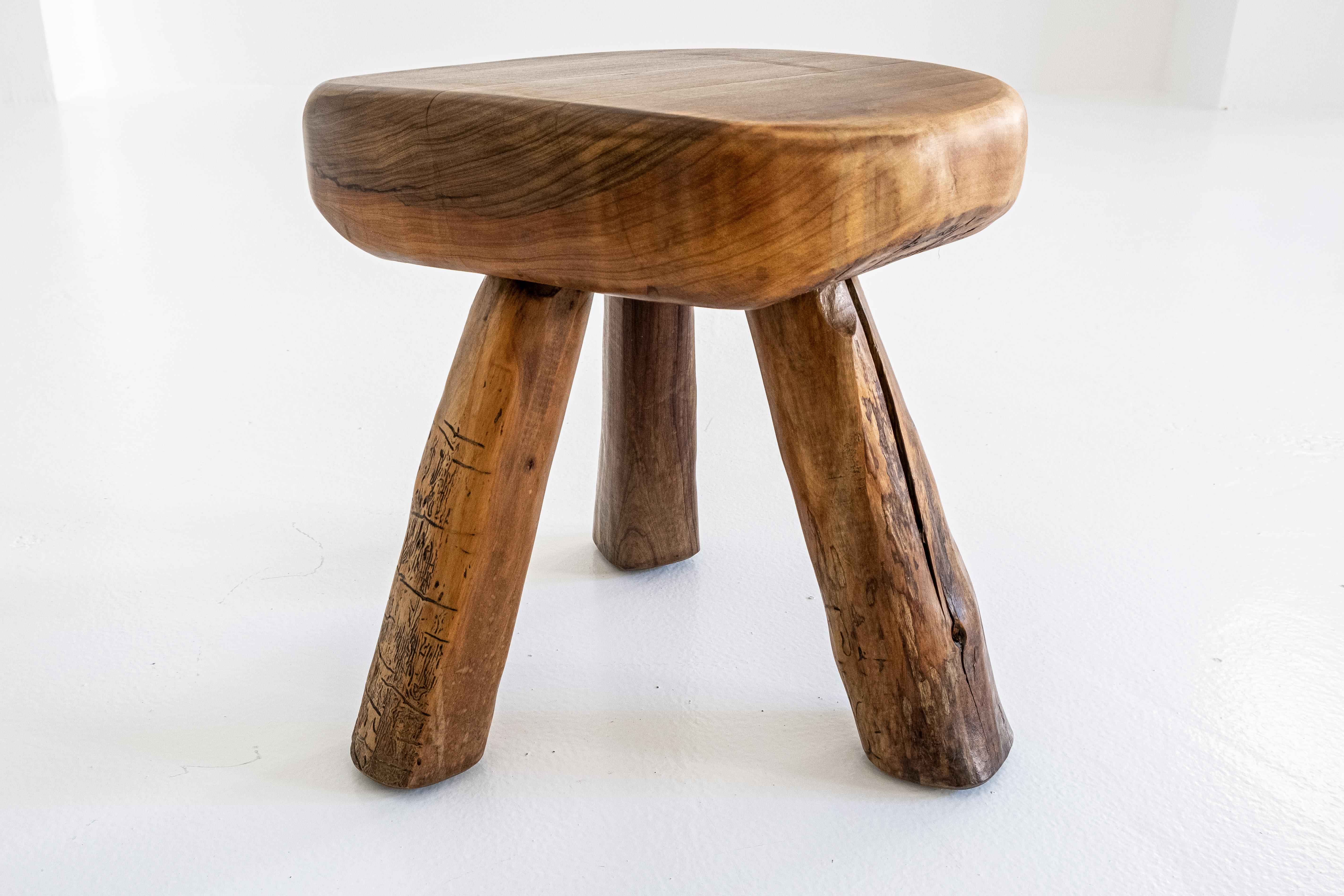 Handmade, Rustic, Sculptural, Massiv Olive Wood Tripod Stool or Side Table 2