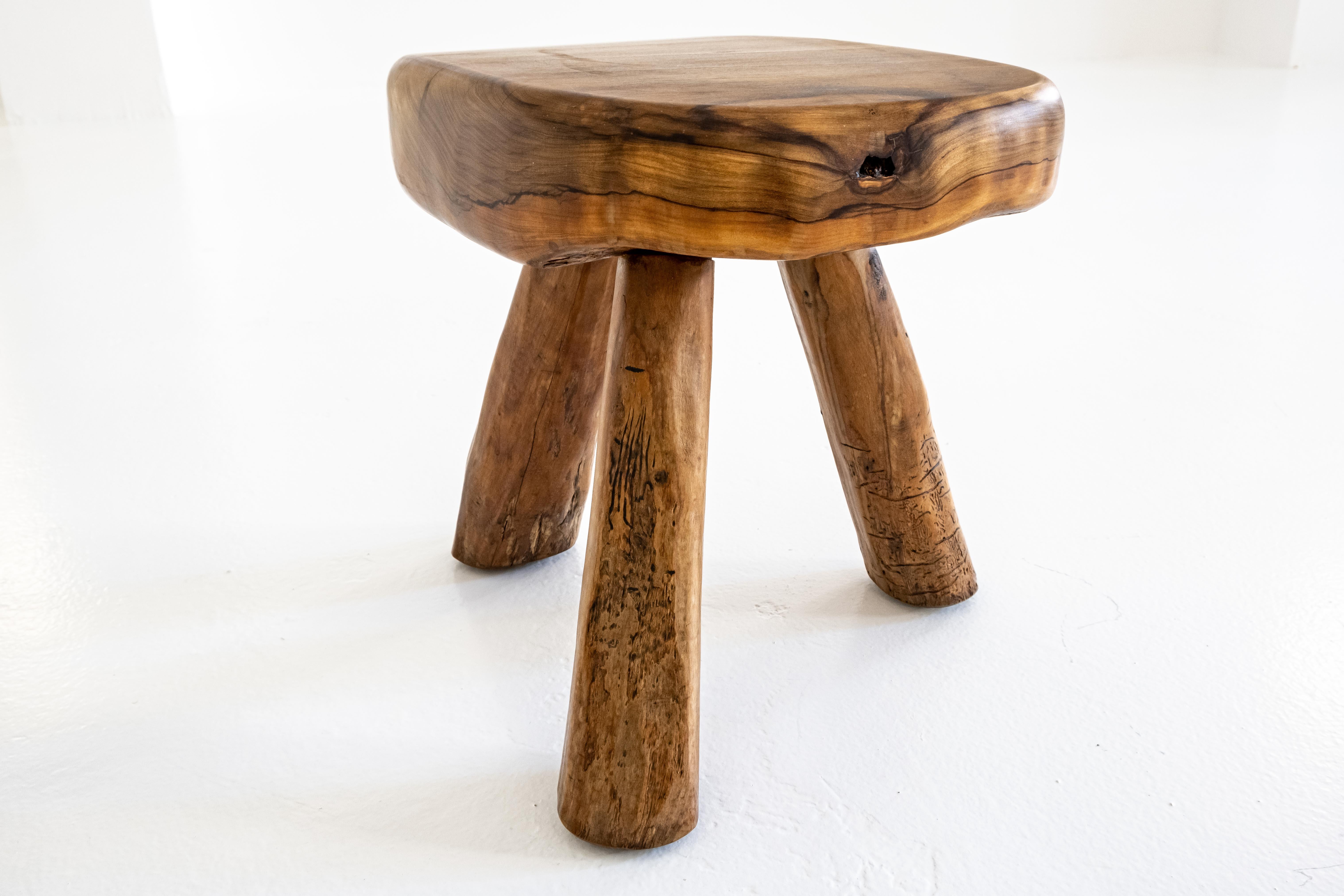 Handmade, Rustic, Sculptural, Massiv Olive Wood Tripod Stool or Side Table 4