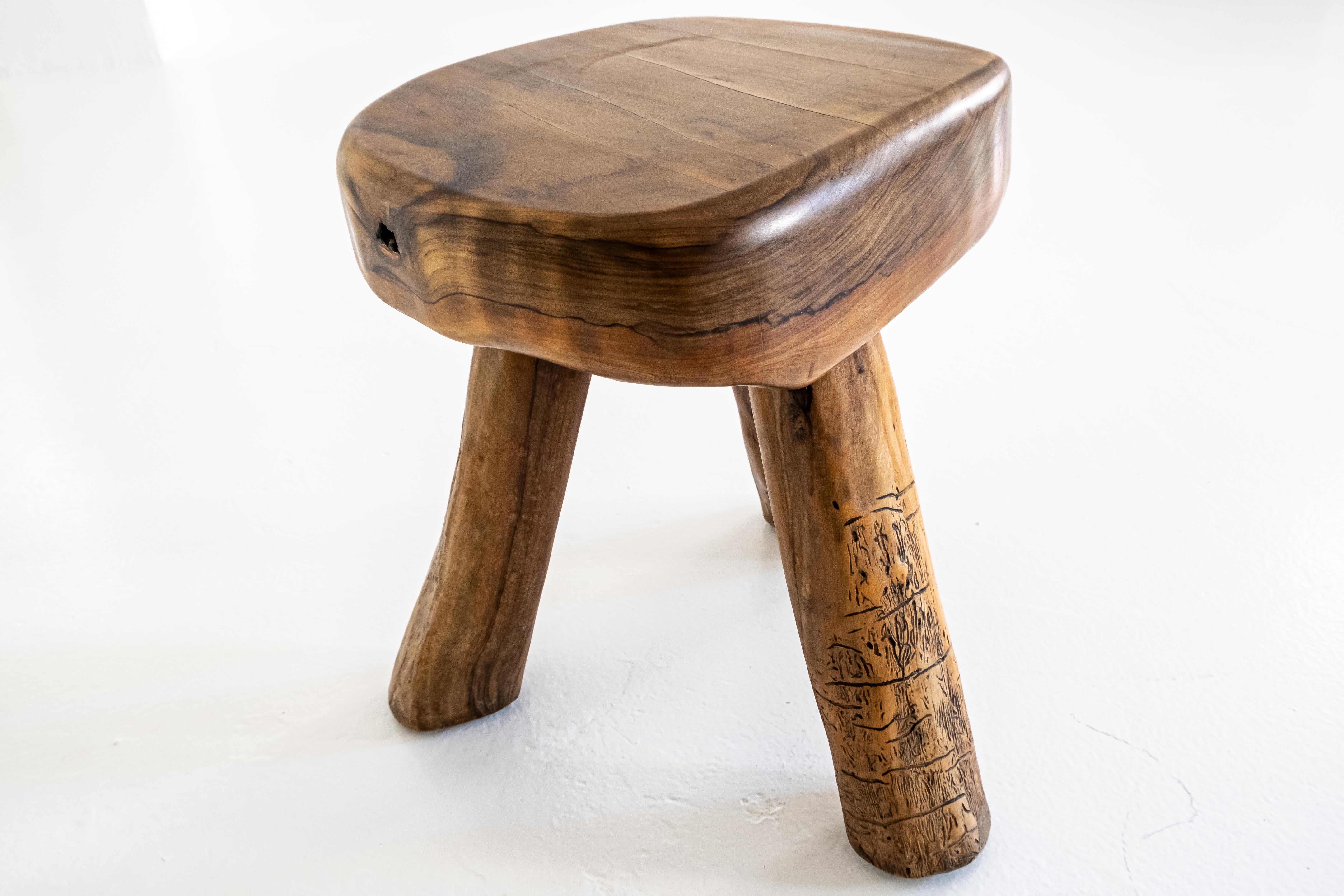 Handmade, Rustic, Sculptural, Massiv Olive Wood Tripod Stool or Side Table 5