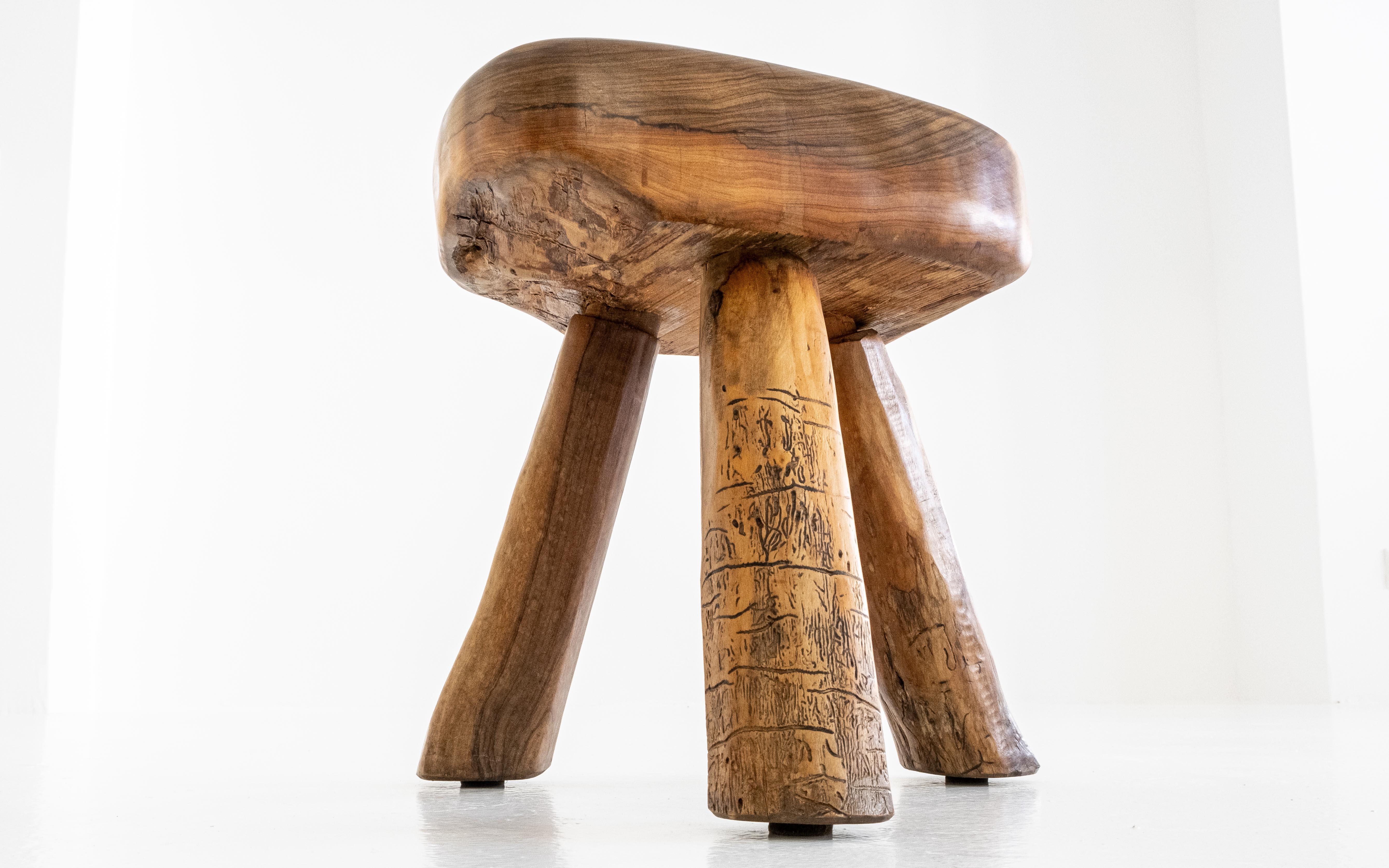 Handmade, Rustic, Sculptural, Massiv Olive Wood Tripod Stool or Side Table 6