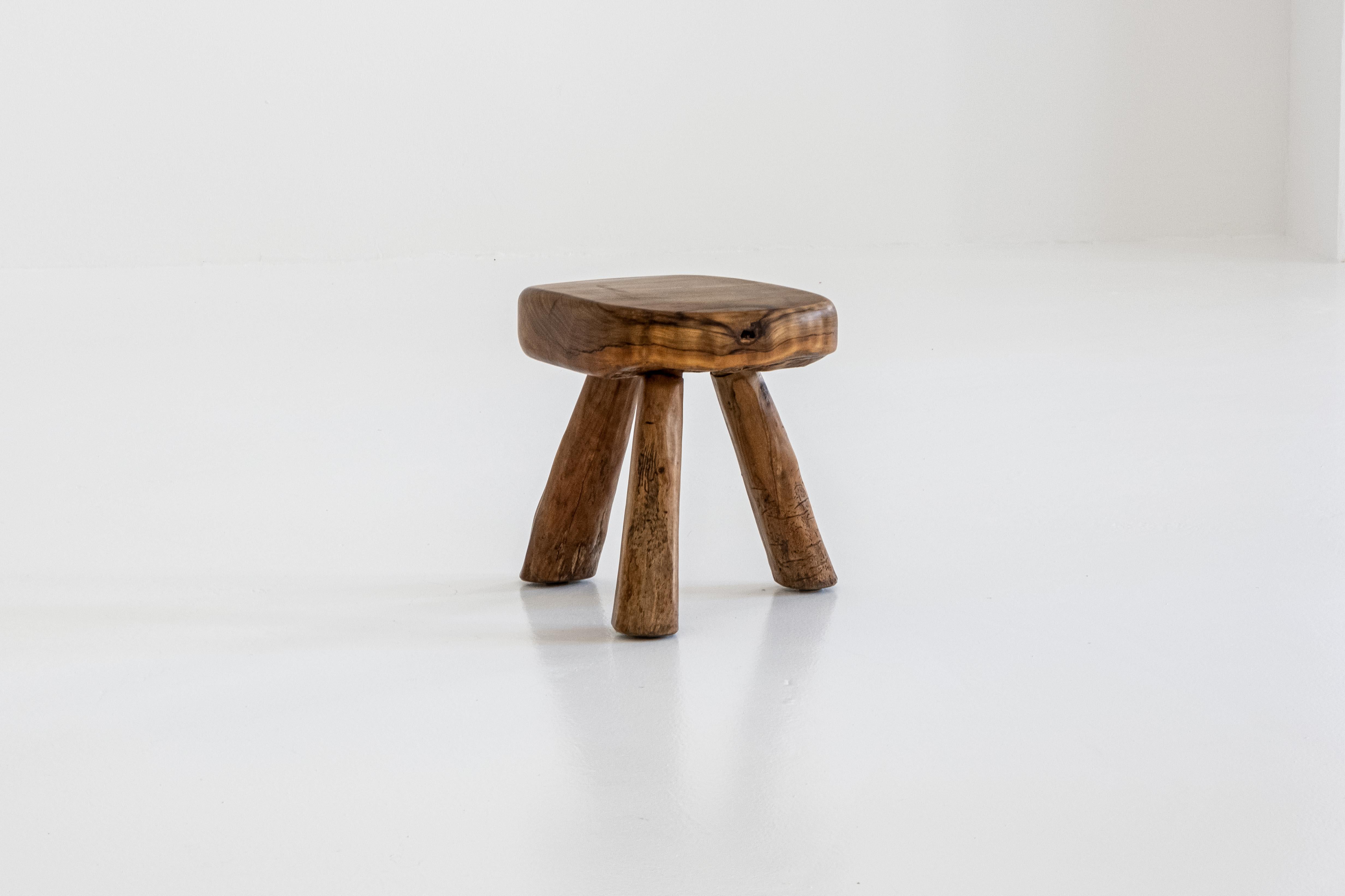 Brutalist Handmade, Rustic, Sculptural, Massiv Olive Wood Tripod Stool or Side Table