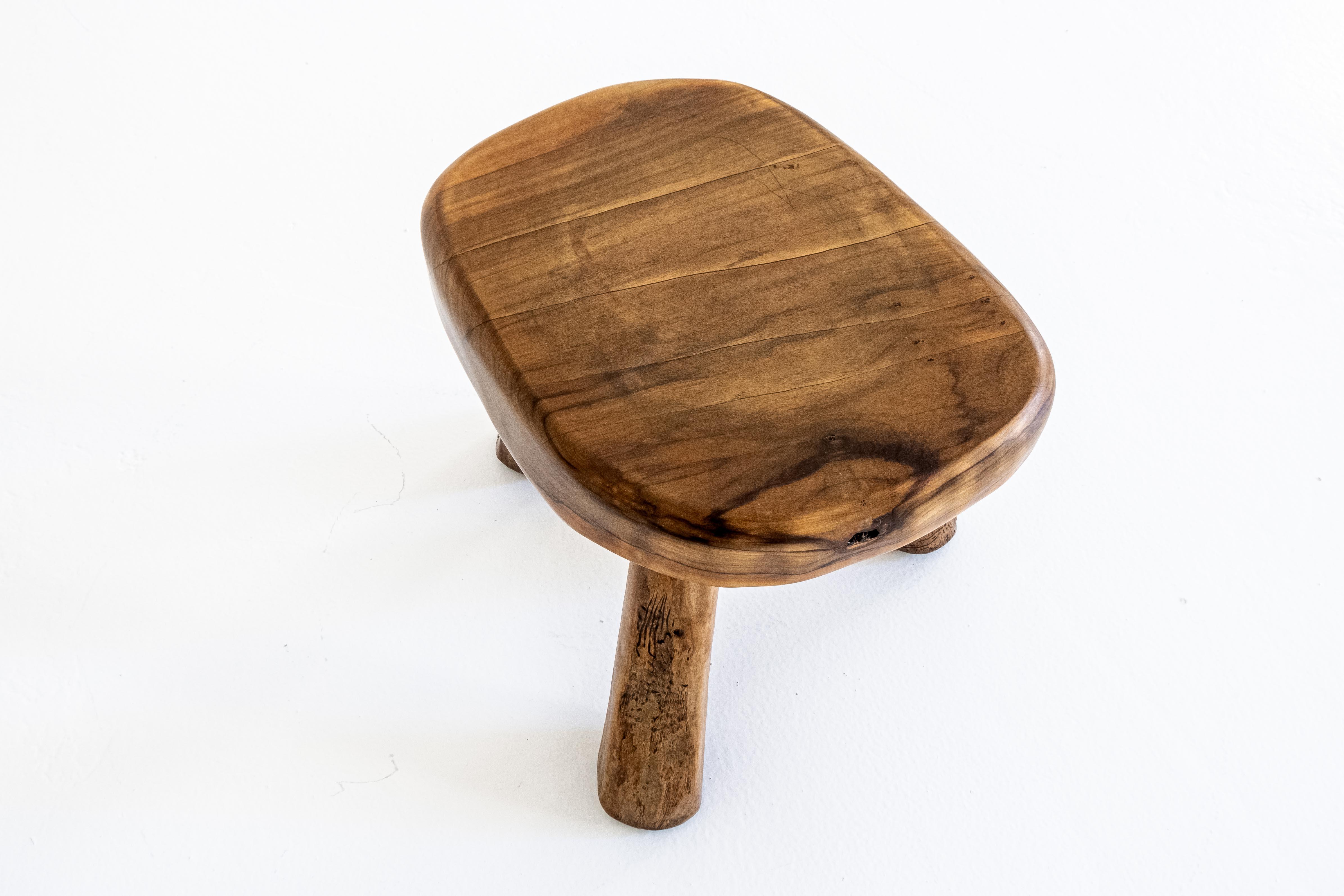 French Handmade, Rustic, Sculptural, Massiv Olive Wood Tripod Stool or Side Table