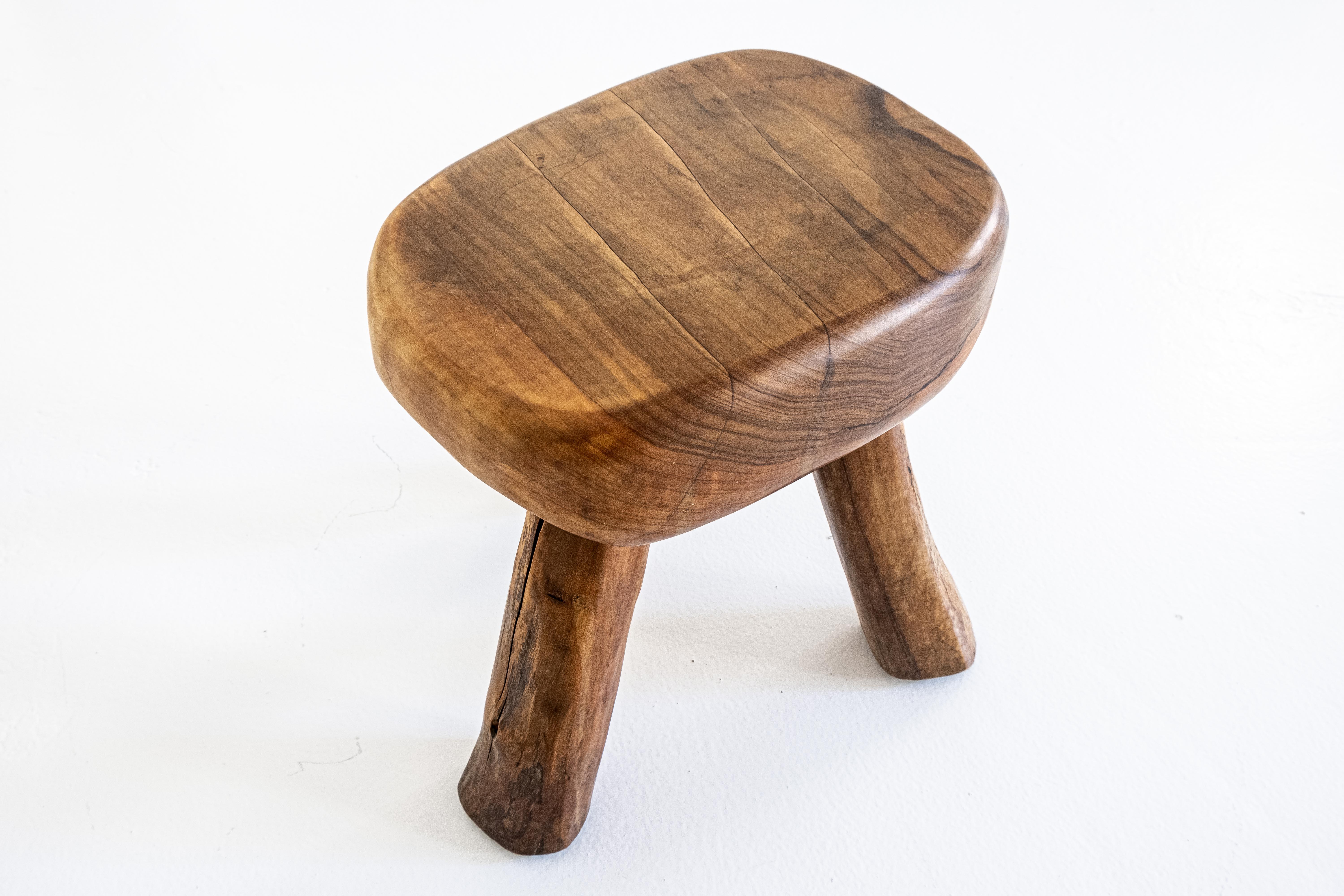 Mid-20th Century Handmade, Rustic, Sculptural, Massiv Olive Wood Tripod Stool or Side Table