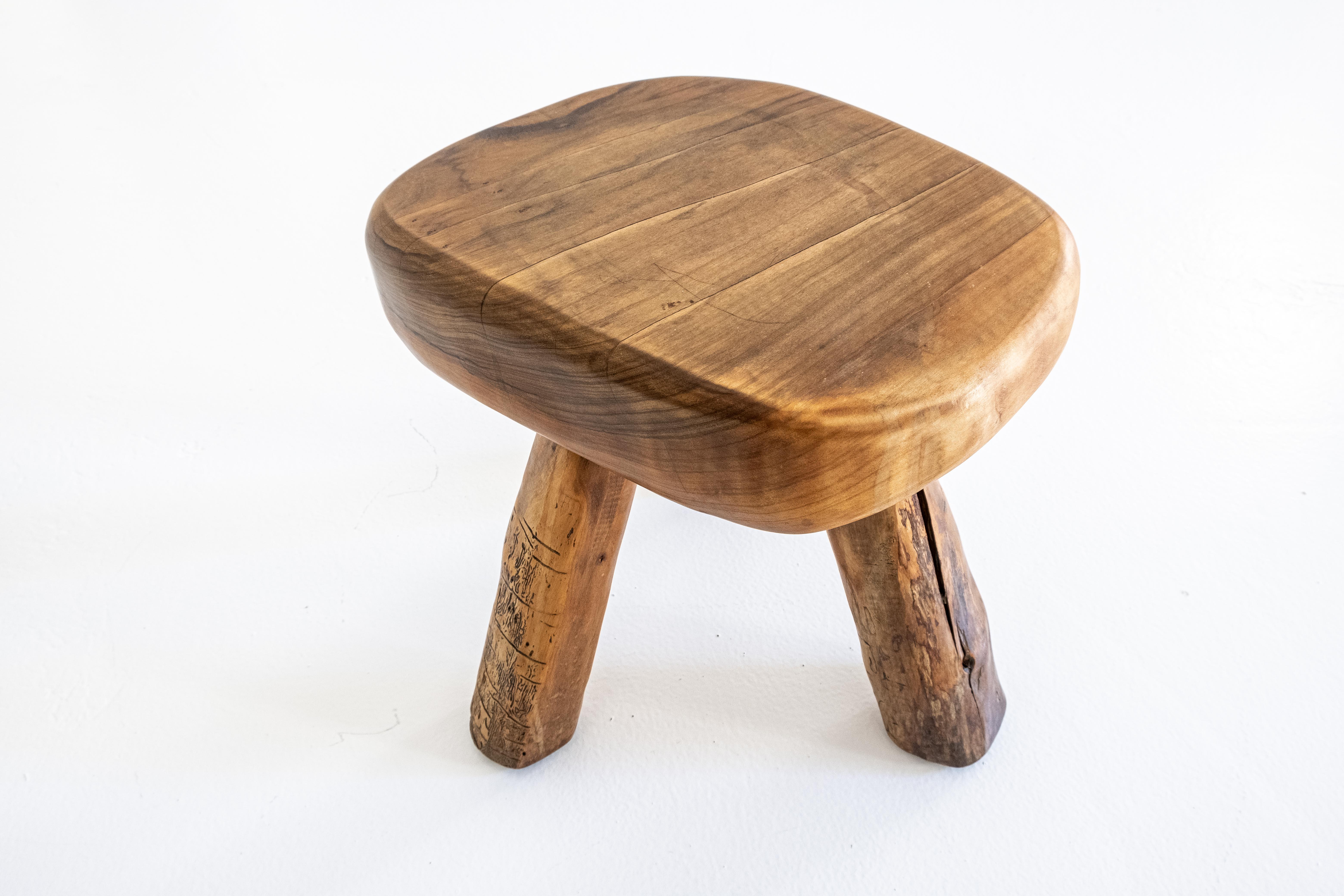 Handmade, Rustic, Sculptural, Massiv Olive Wood Tripod Stool or Side Table 1