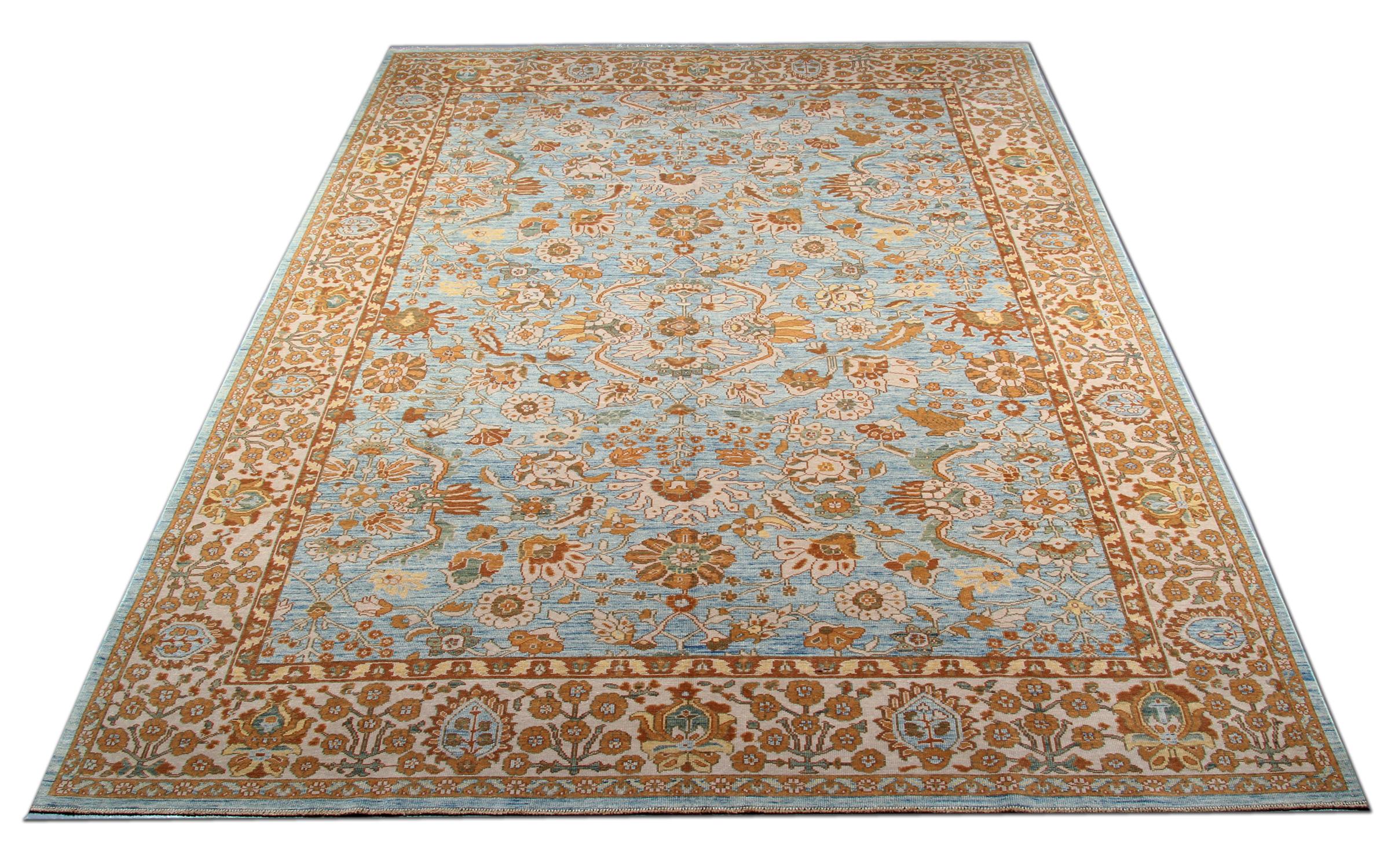 This traditional Ziegler style rug is one of our more luxurious rugs made on looms by master weavers of Afghan rugs. This cream rug is made with or all handspun wool, with the color coming from organic vegetable dyes. This carpet features an