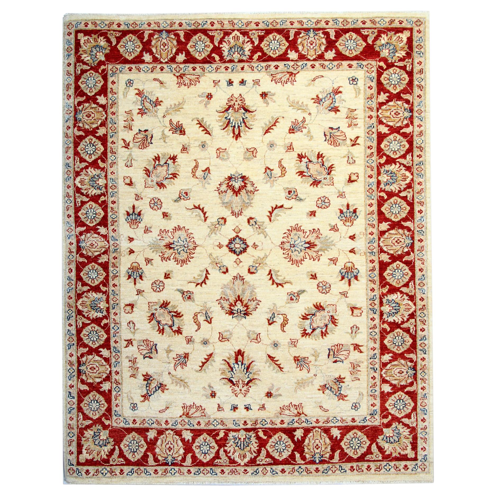 Handmade Saltanabad Ziegler Style Rug, Cream and Red Wool Rug For Sale