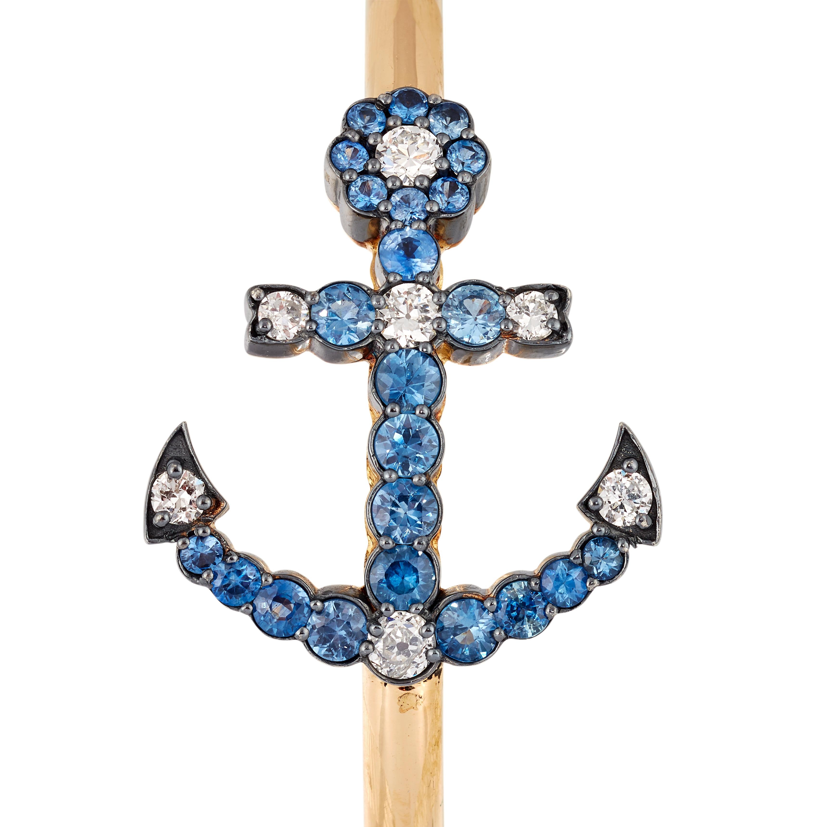 Contemporary Handmade Sapphire and Old-Cut Diamond Anchor Bangle For Sale