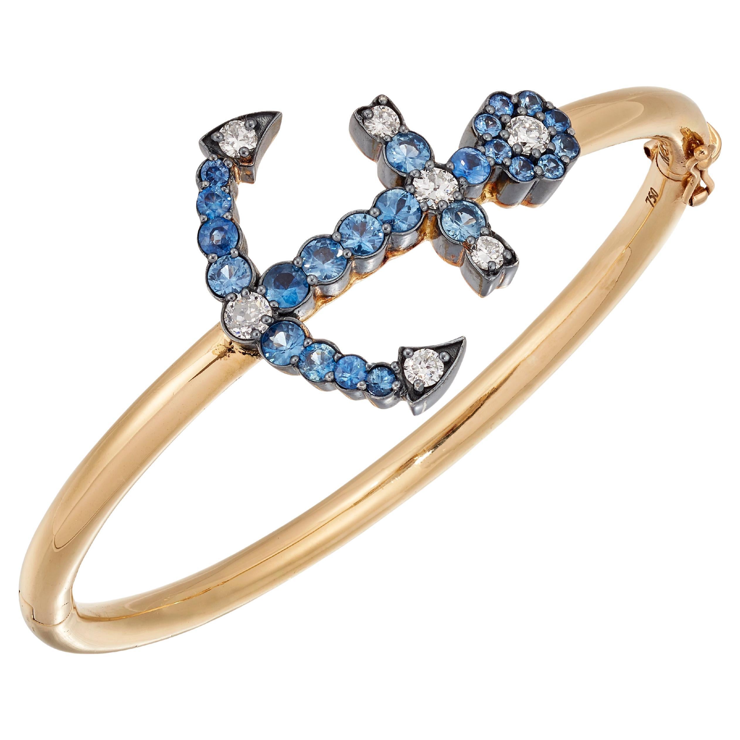 Bracelet ancre en saphir et diamant taille ancienne fait main en vente