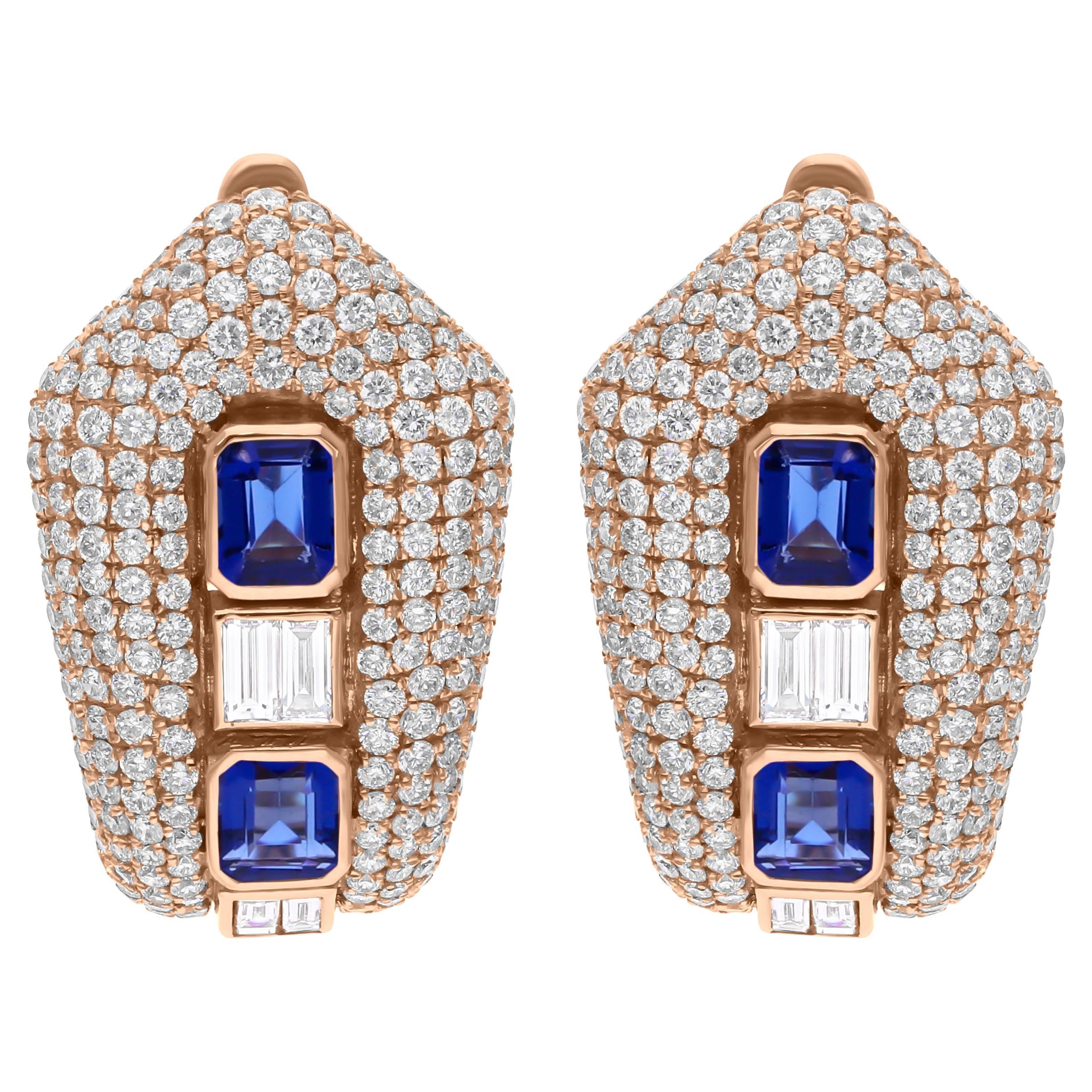 Pave Set Blue Sapphire & Diamond Statement Huggie Hoop Earrings 14k Rose Gold For Sale