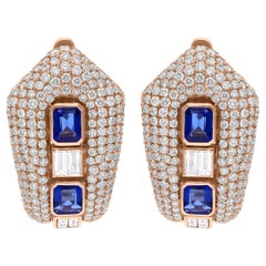 Pave Set Blue Sapphire & Diamond Statement Huggie Hoop Earrings 14k Rose Gold
