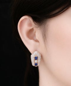 Handmade Sapphire Natural Diamond Statement Clip On Earrings 18k Rose Gold