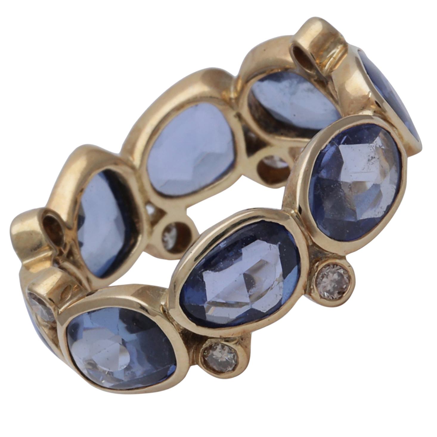 Handmade Sapphire Rosecut and Diamond Eternity Ring Set in 18 Karat Gold For Sale