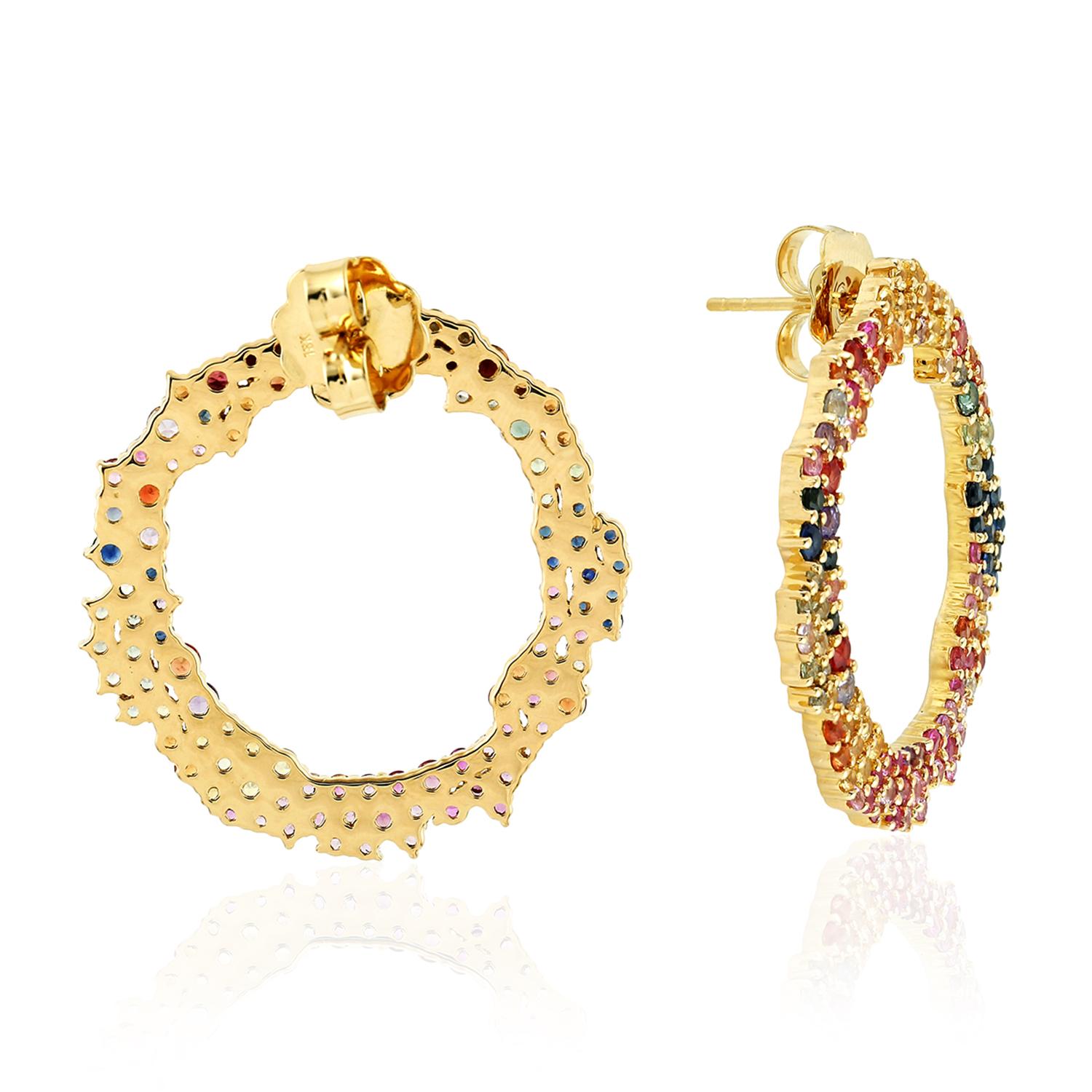 Art Deco Hoop Earrings in Multi Colored Sapphire Made in 18k Yellow Gold For Sale