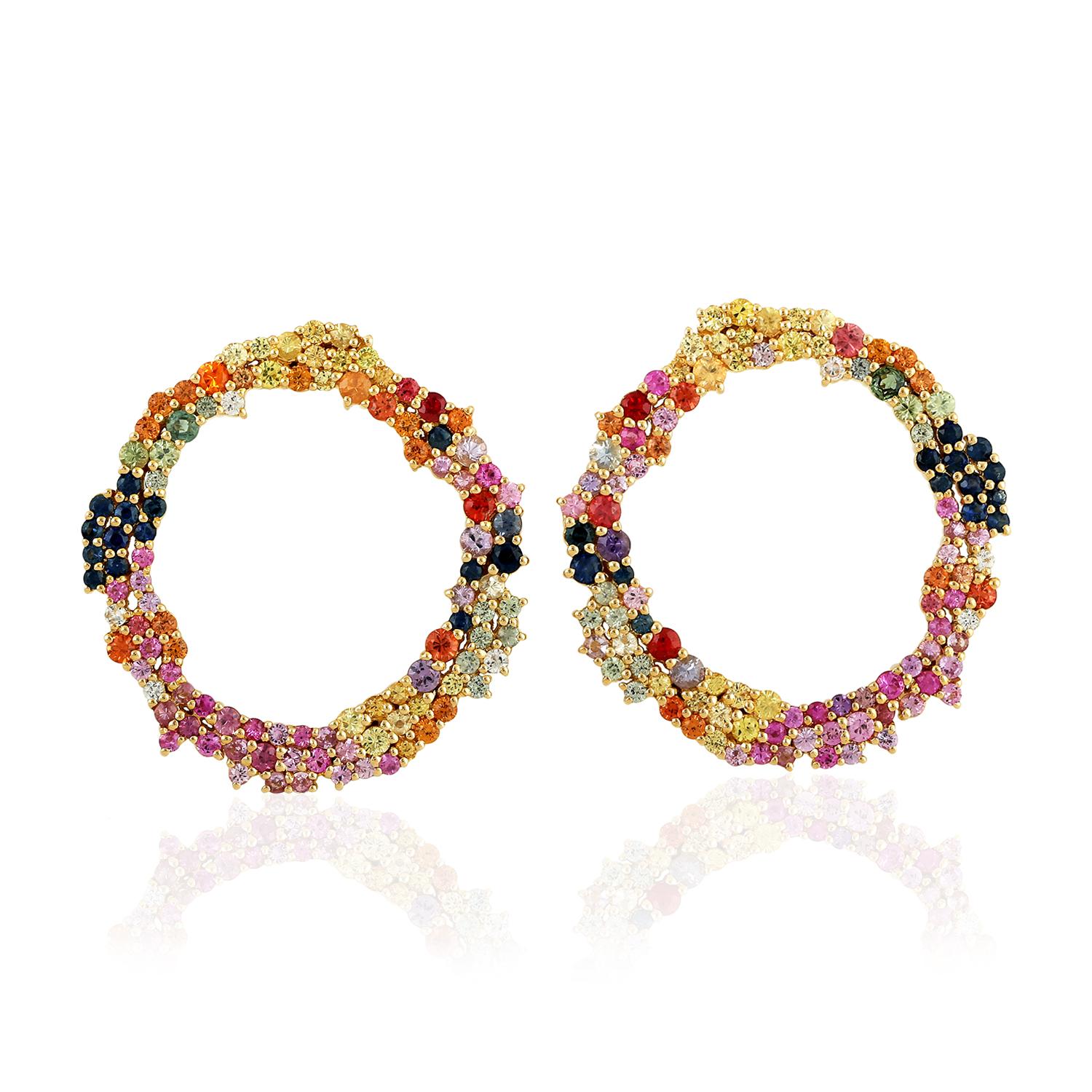 Mixed Cut Hoop Earrings in Multi Colored Sapphire Made in 18k Yellow Gold For Sale