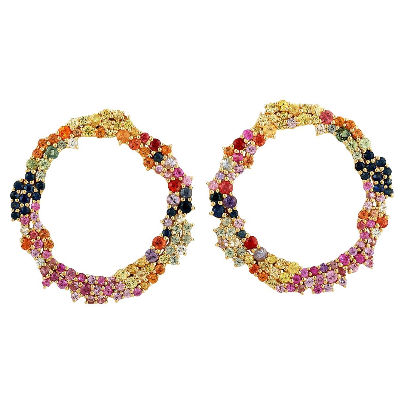 Hoop Earrings in Multi Colored Sapphire Made in 18k Yellow Gold For Sale