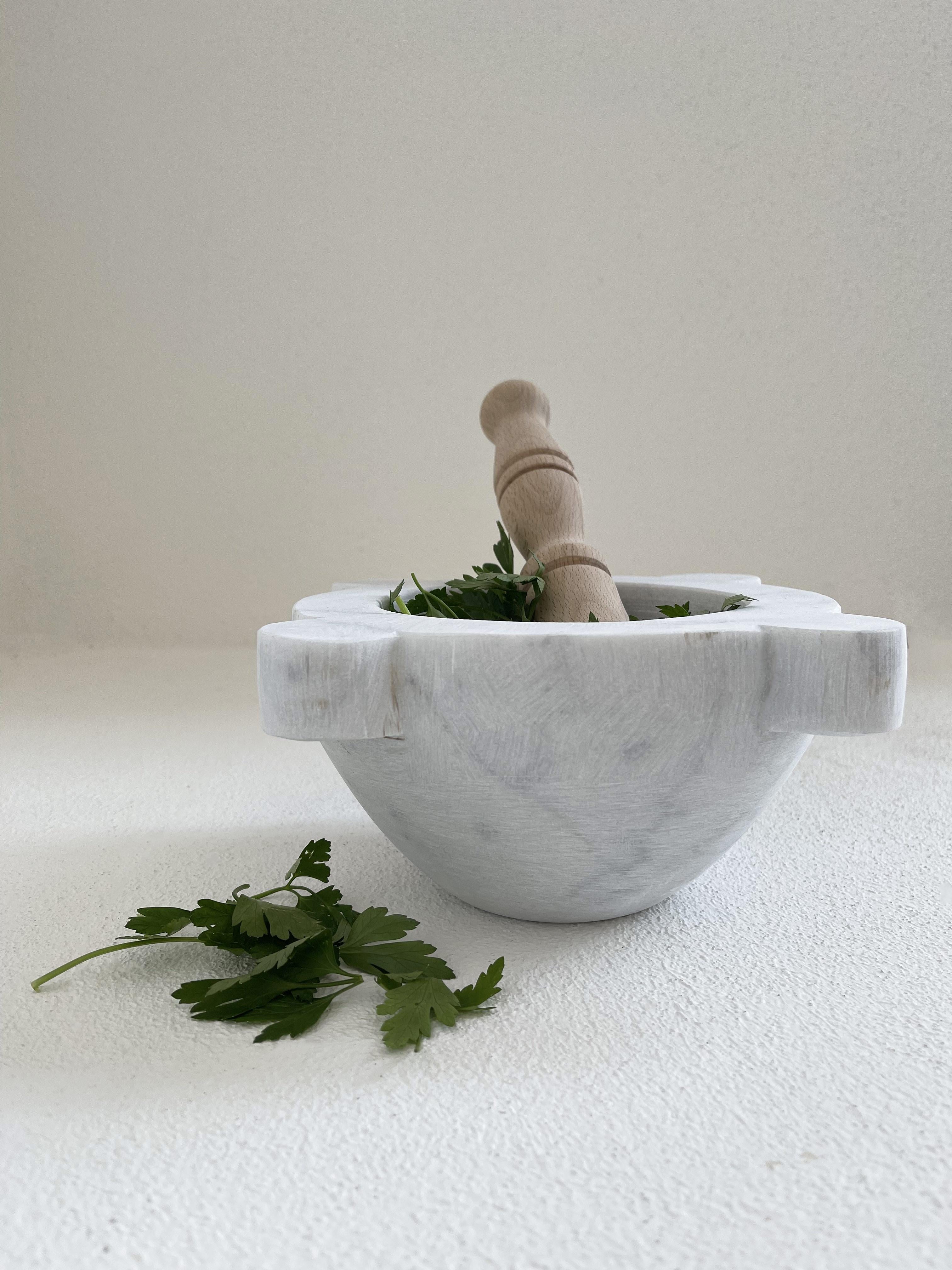 Contemporary Handmade Satin White Carrara Marble Mortar with Pestle in Wood For Sale